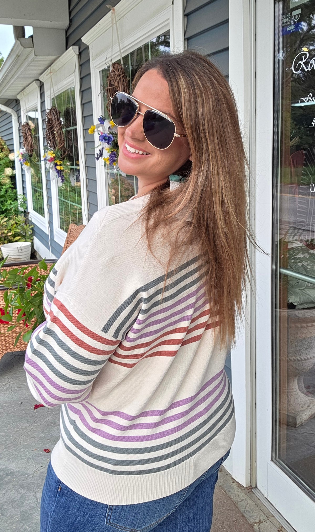 OLIVE/LAVENDER Boat Neck, Long Sleeve, Multi Color Engineer Striped Sweater