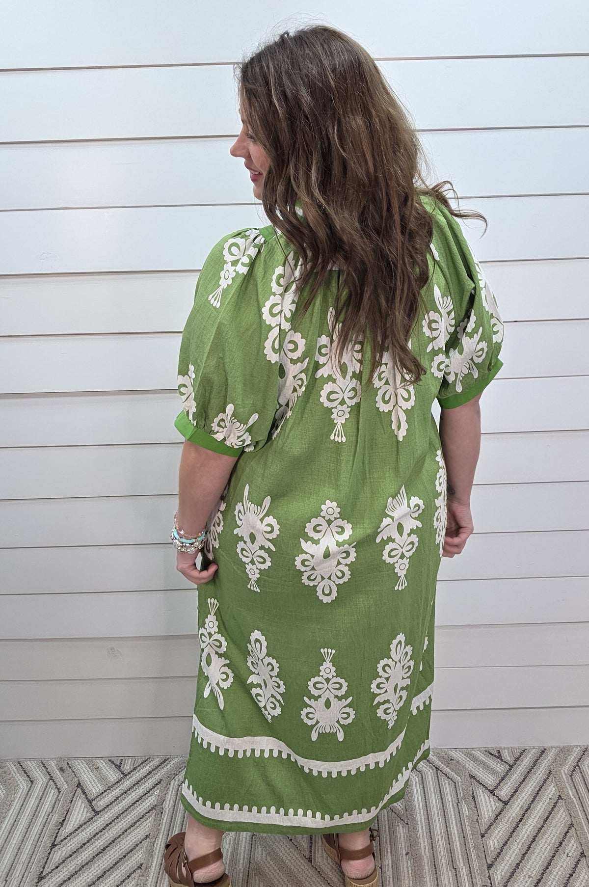 GREEN BORDER PRINT LONG WOVEN DRESS