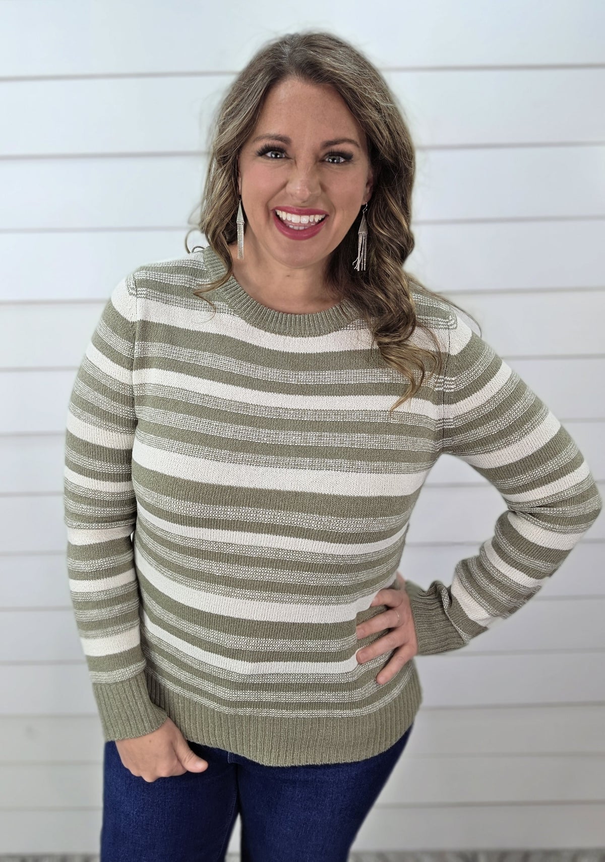 OLIVE STRIPED CREW NECK PULLOVER SWEATER