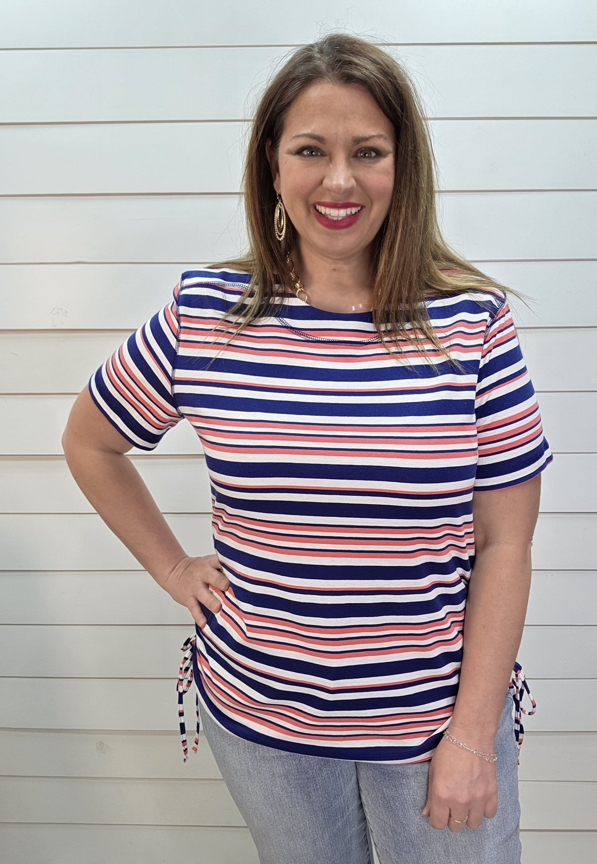 NAVY STRIPED DRAWSTRING SIDE KNIT TOP