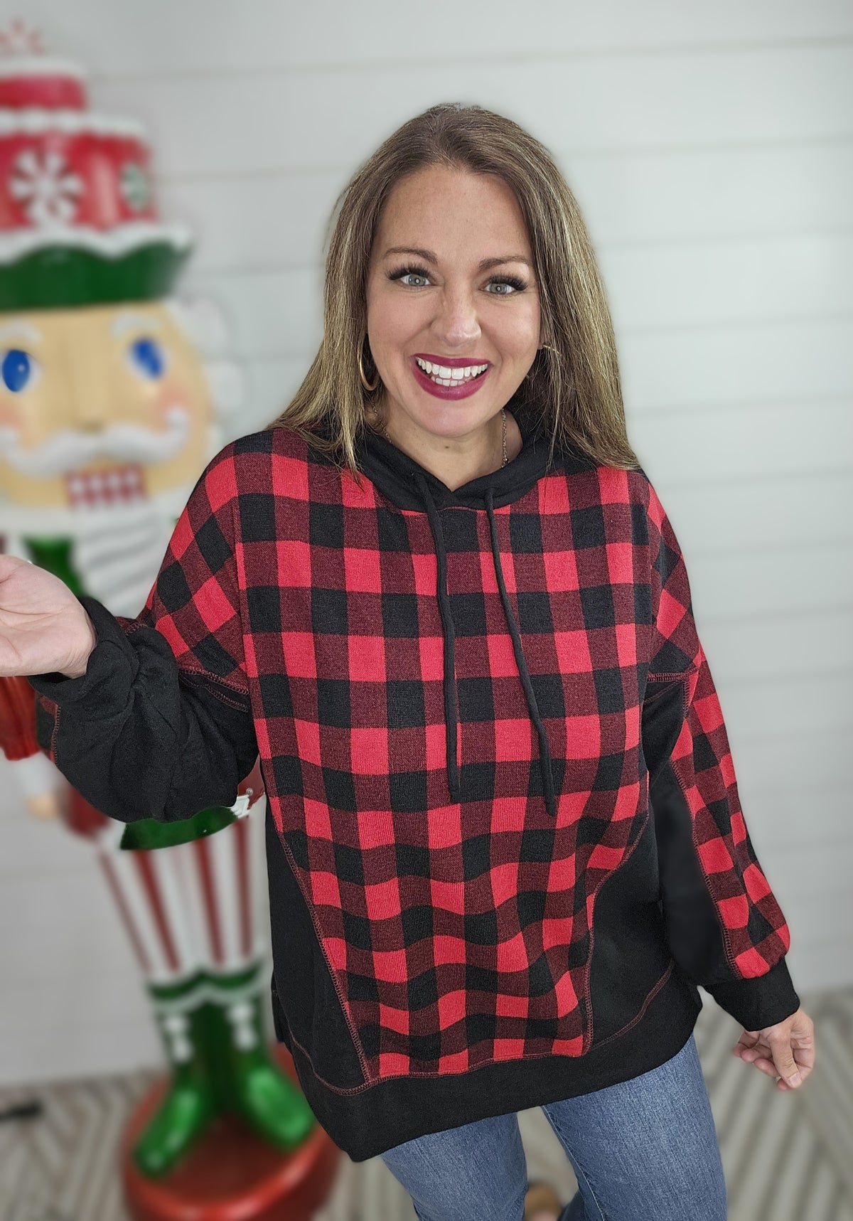 BLACK/BUFFALO PLAID KNIT HOODIE