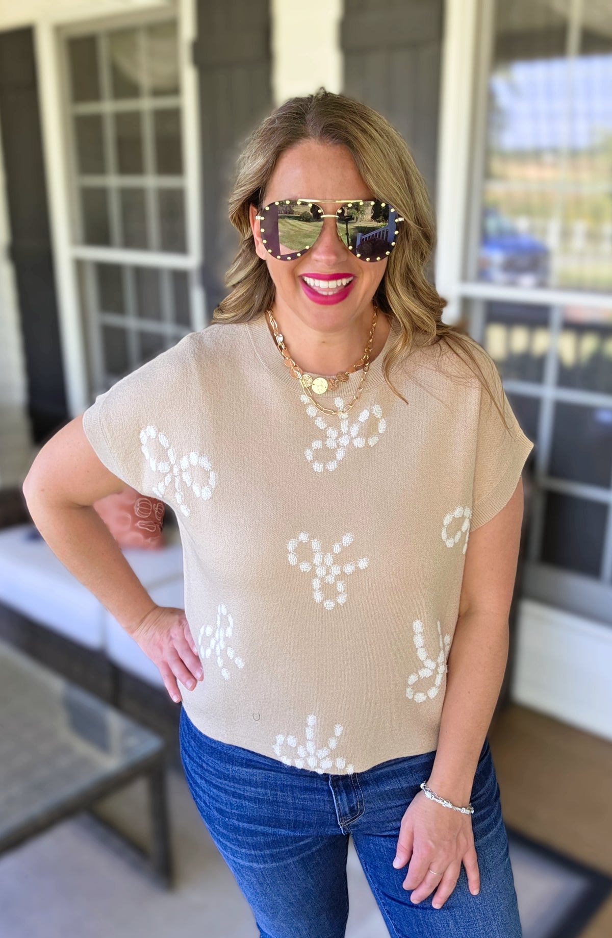 KHAKI BOW PRINT ULTRA SOFT SWEATER VEST