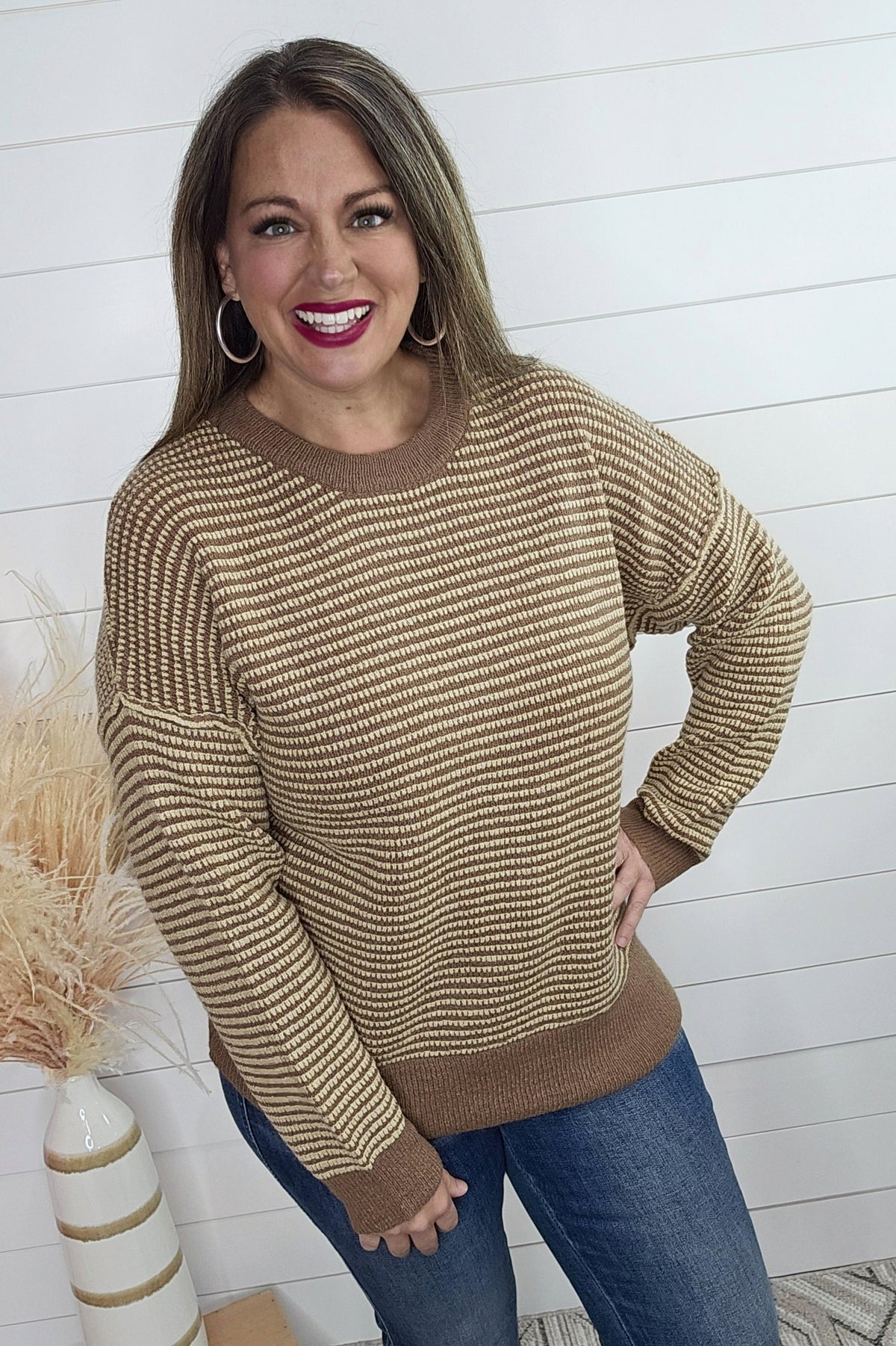 BEIGE WAFFLE TEXTURE TWO TONE SWEATER