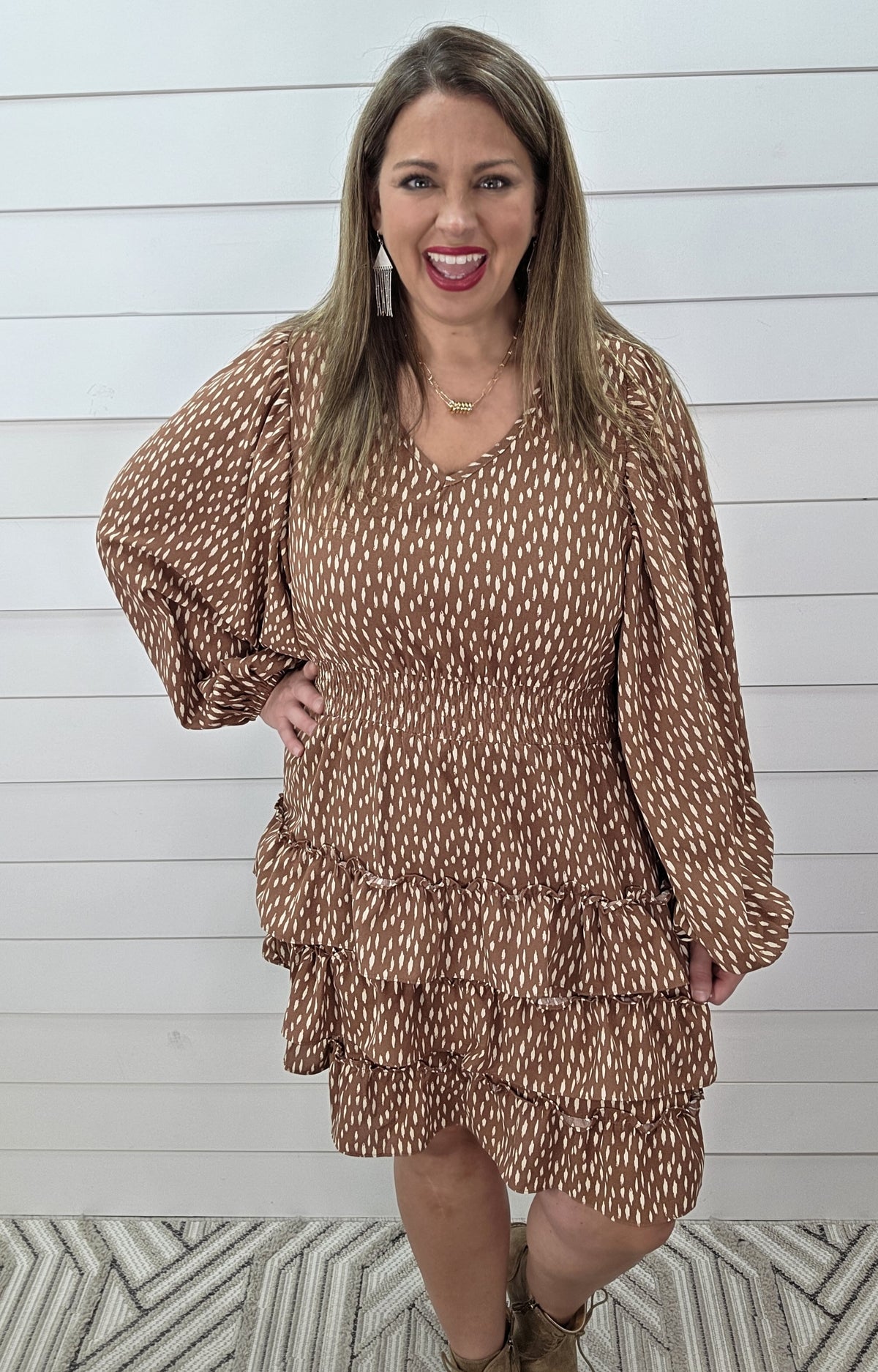 TERRACOTTA PRINTED ELASTIC WAIST RUFFLE TEIRED HEM DRESS