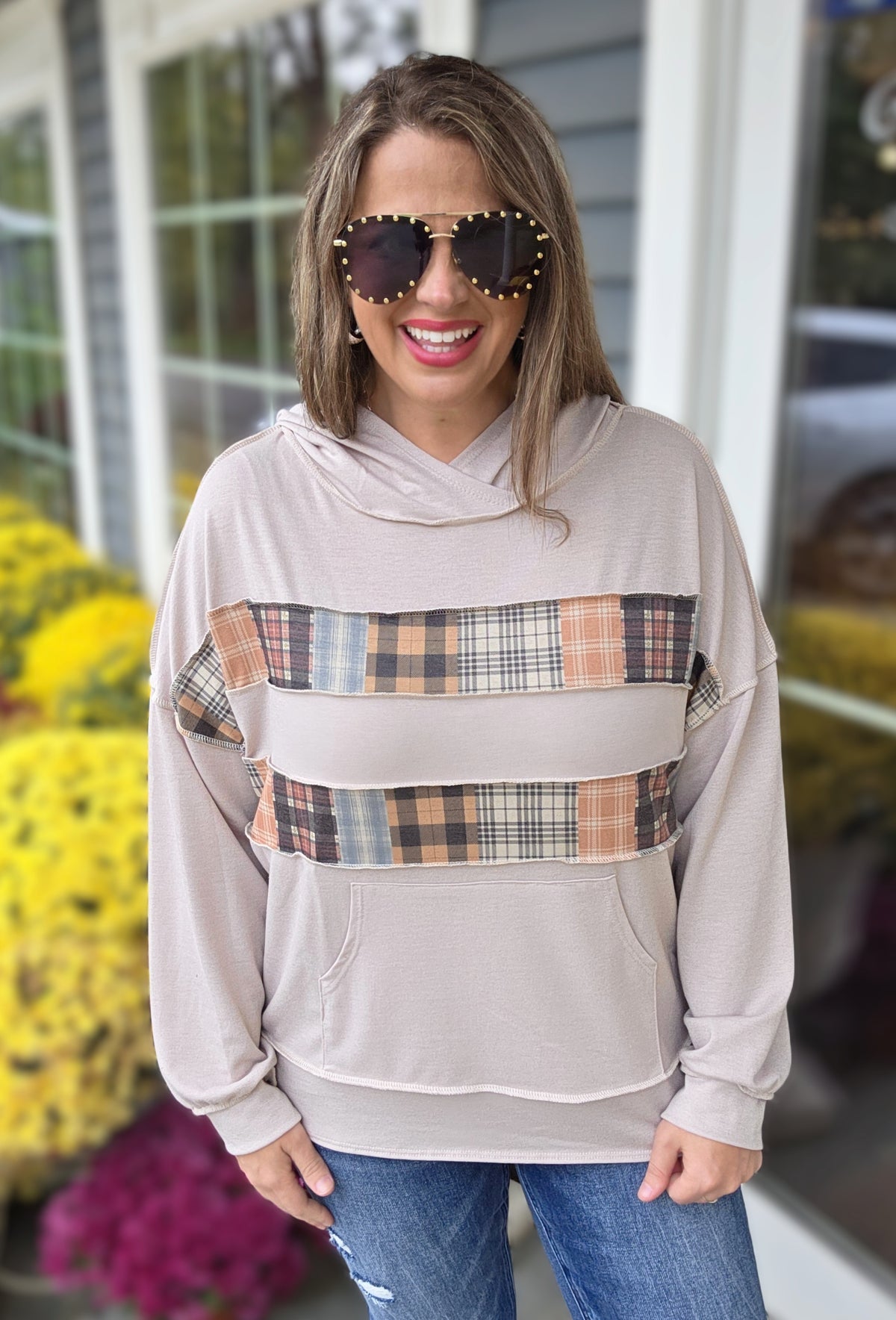 TAUPE PATCHWORK LIGHT WEIGHT FRENCH TERRY HOODIE