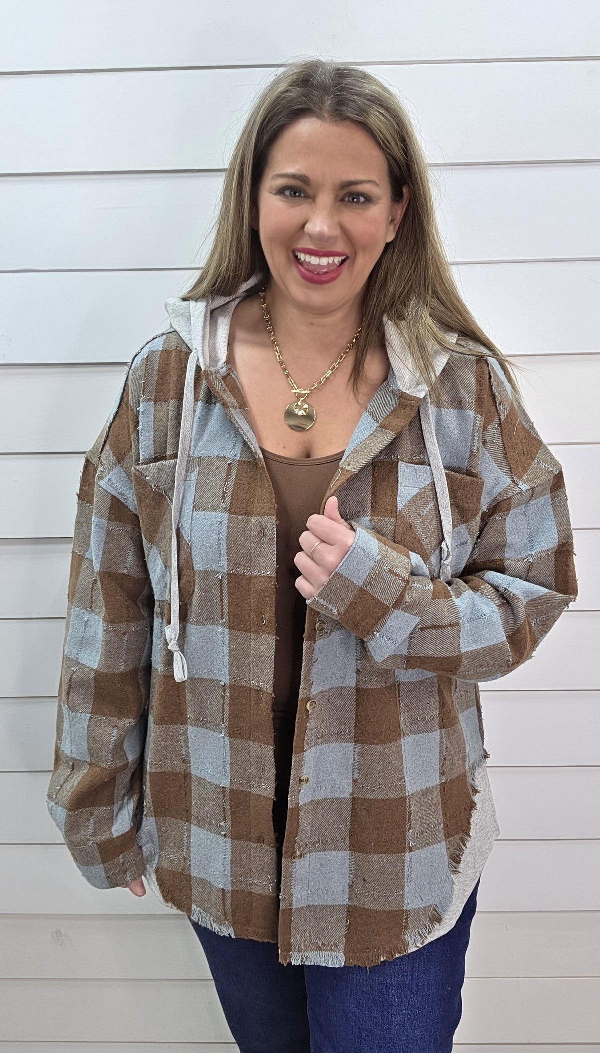 BLUE/MOCHA PLAID BUTTON DOWN HOODED SHACKET