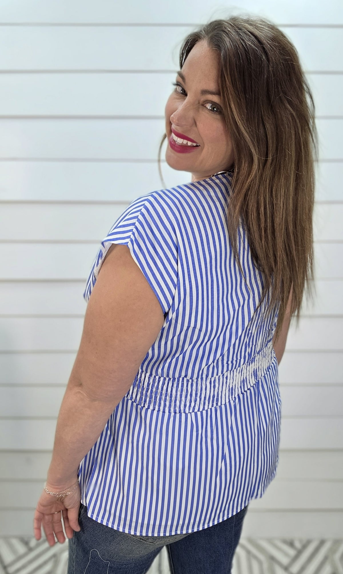 BLUE/WHITE STRIPED V NECK WOVEN TOP W/ ELASTIC WASIT