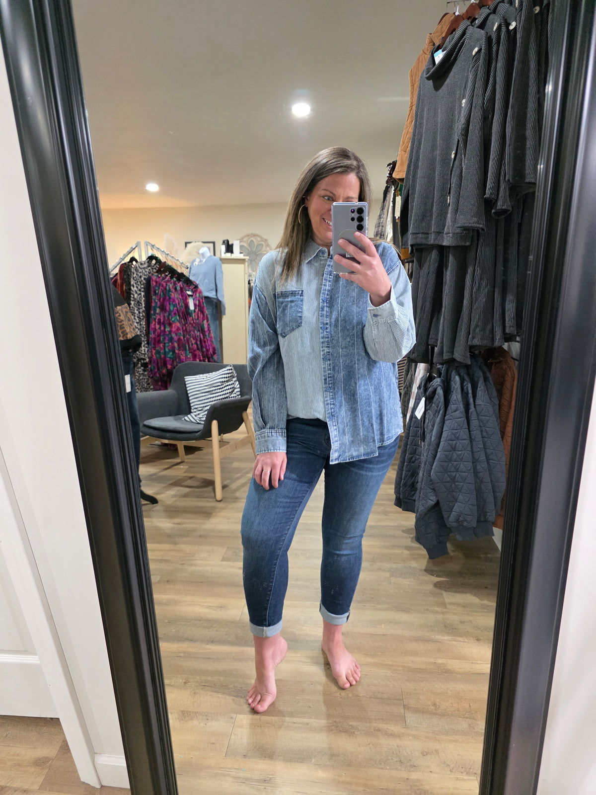 INDIGO STRIPED CONTRAST BUTTON DOWN TOP