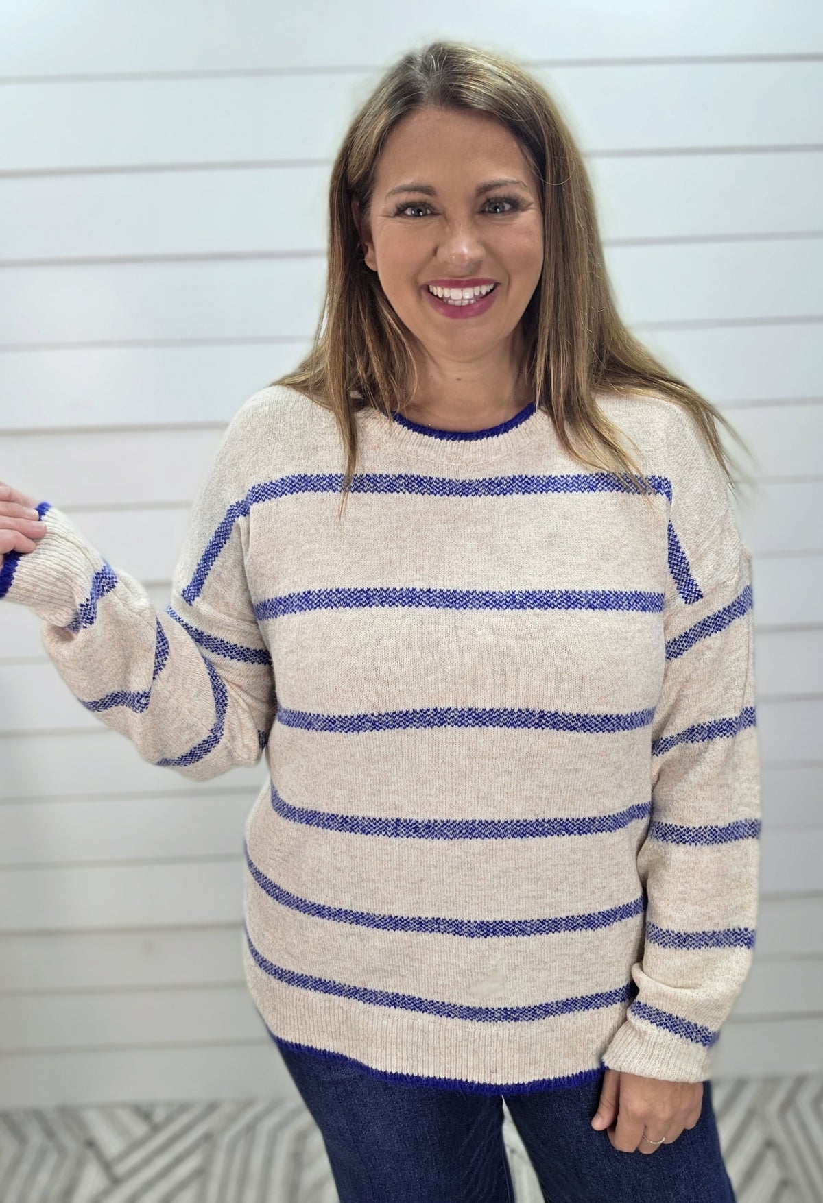 OATMEAL/ROYAL BLUE Crew Neck Long Sleeve Super Cozy Striped Pullover Sweater