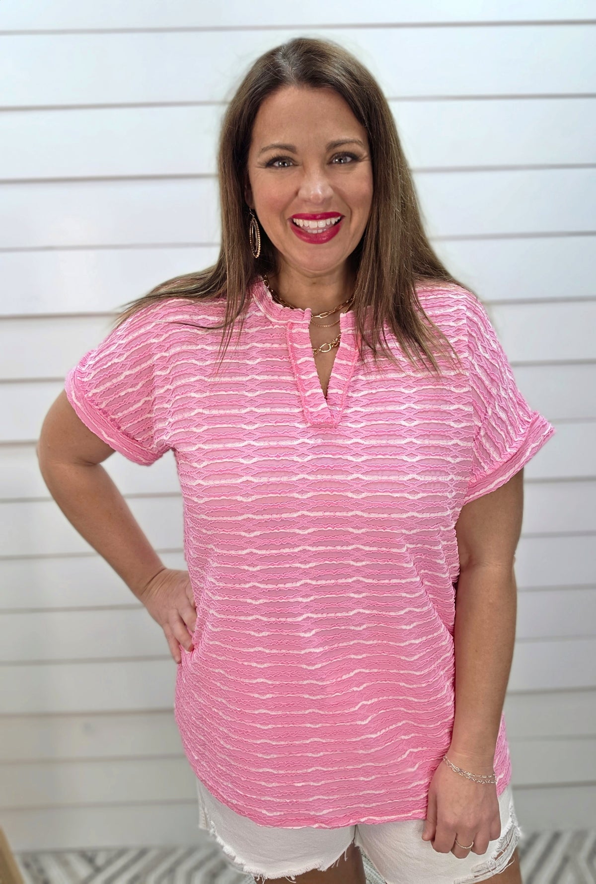 PINK/WHITE STRIPED TEXTURED V NECK KNIT TOP