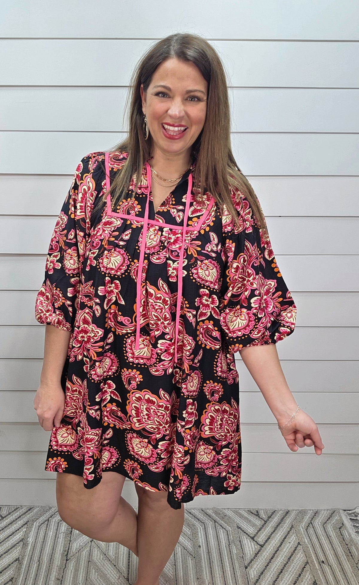 BLACK/HOT PINK FLORAL DRESS W/ POCKETS