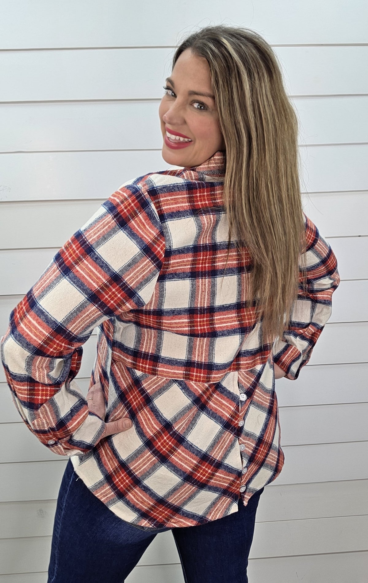 KAREN HART RED/BLUE PLAID BUTTON DOWN WITH BUTTONS IN THE BACK