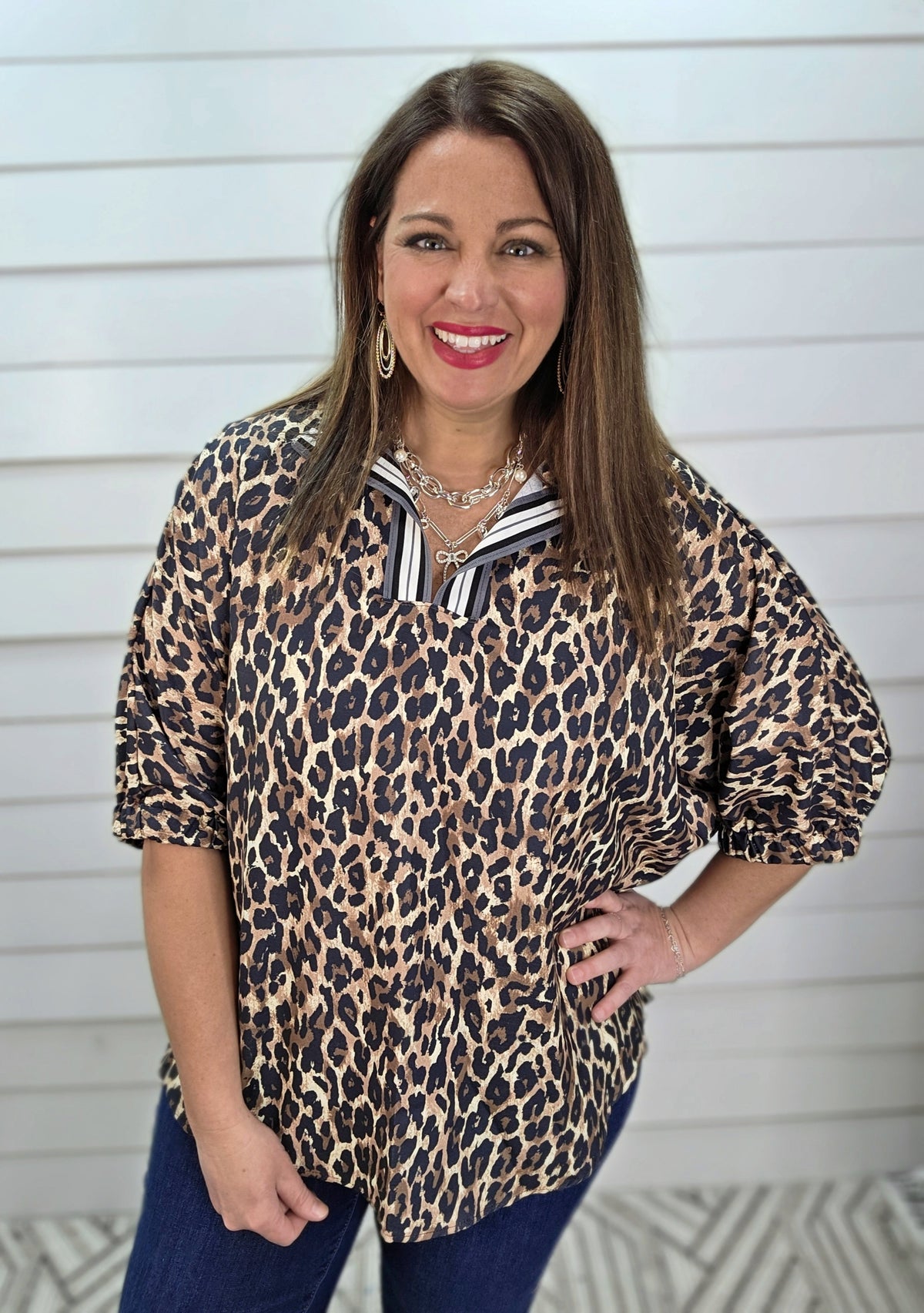 TAUPE LEOPARD TAPED COLLAR DOLMAN WOVEN TOP