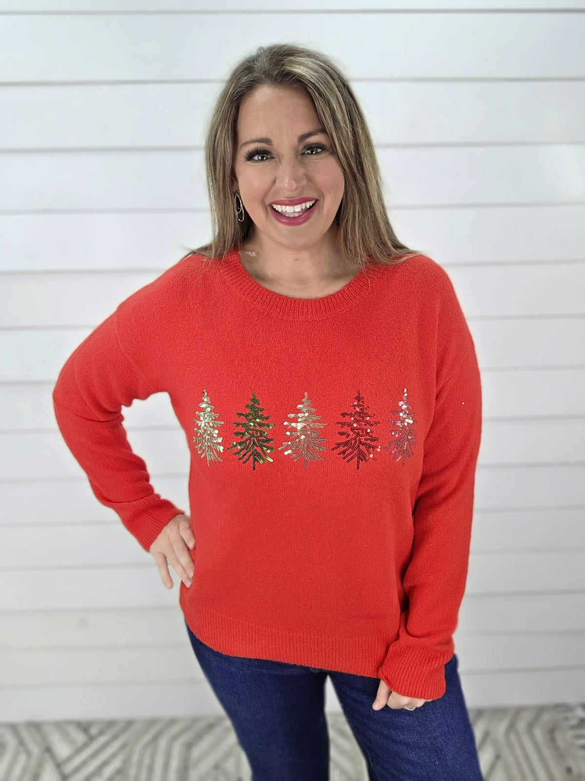 RED SEQUIN TREE KNIT SWEATER