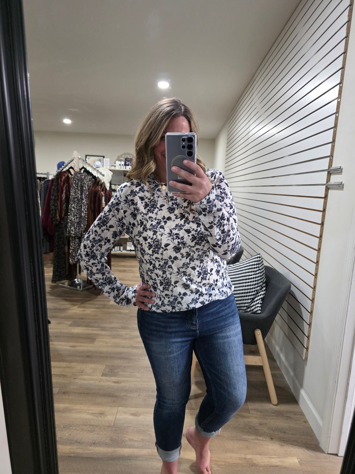 SHIRLEY AND STONE BLACK AND WHITE FLORAL MESH TOP