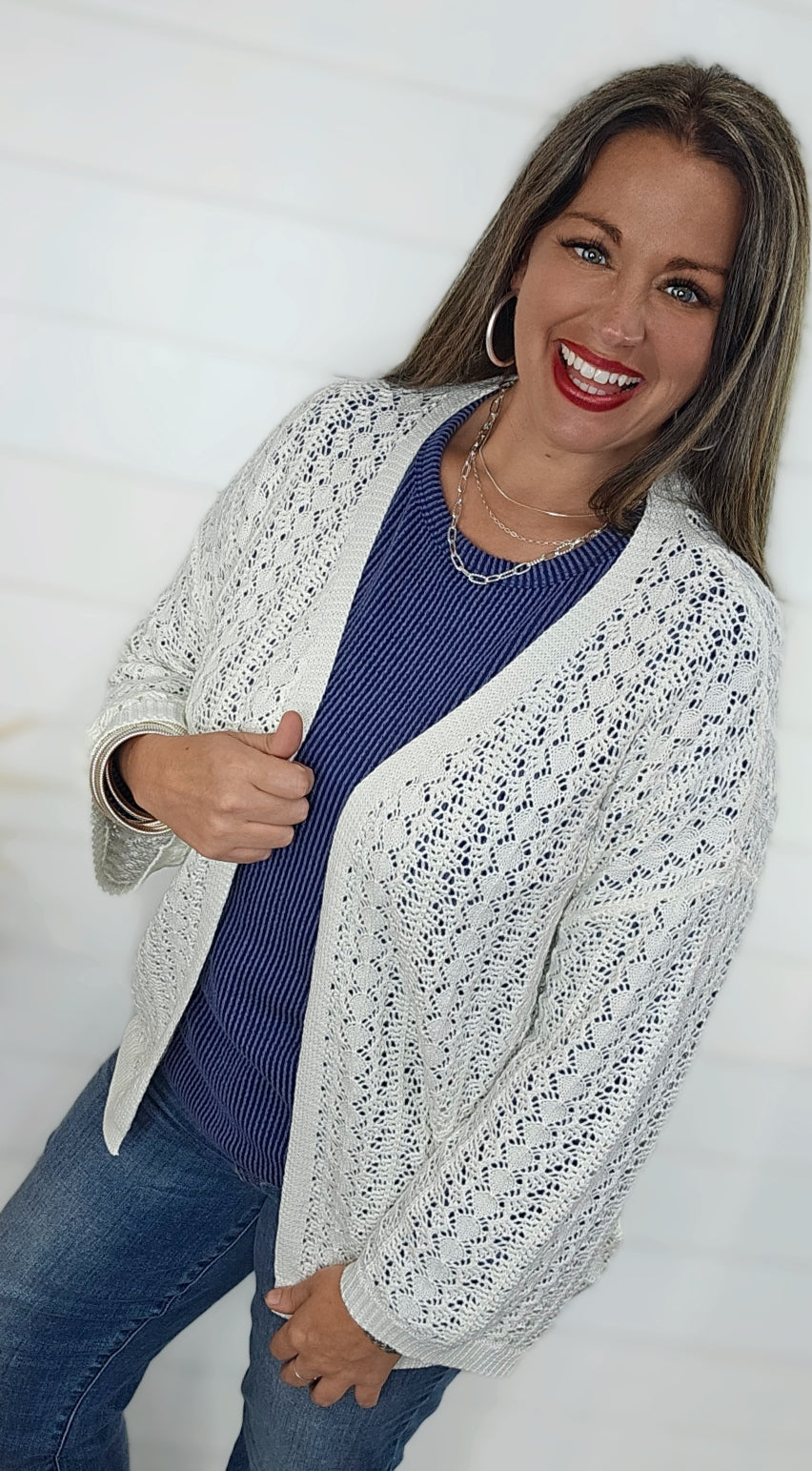 WHITE OPEN KNIT DROP SHOULDER CARDIGAN