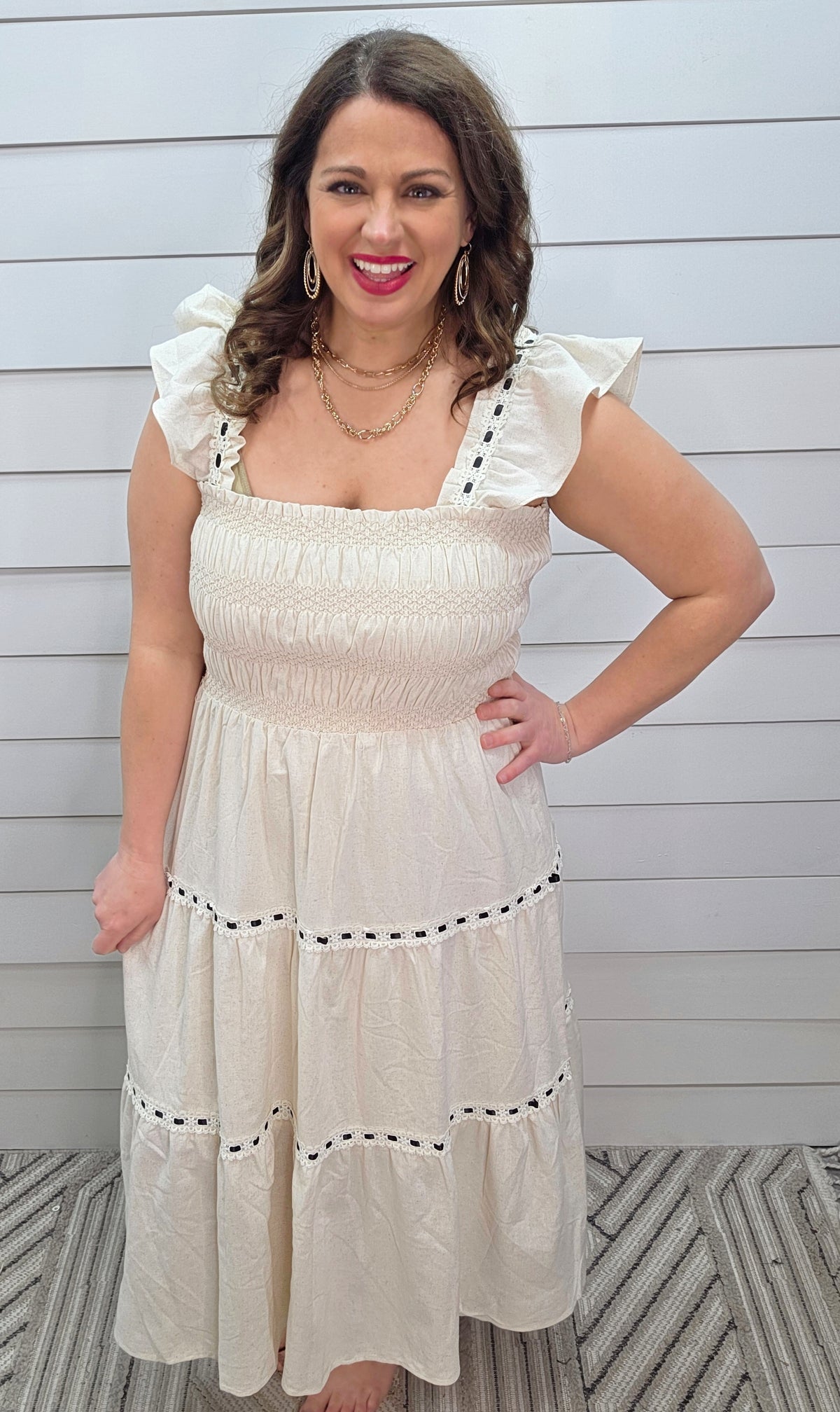 OATMEAL LACE/RIBBON TRIM LONG DRESS