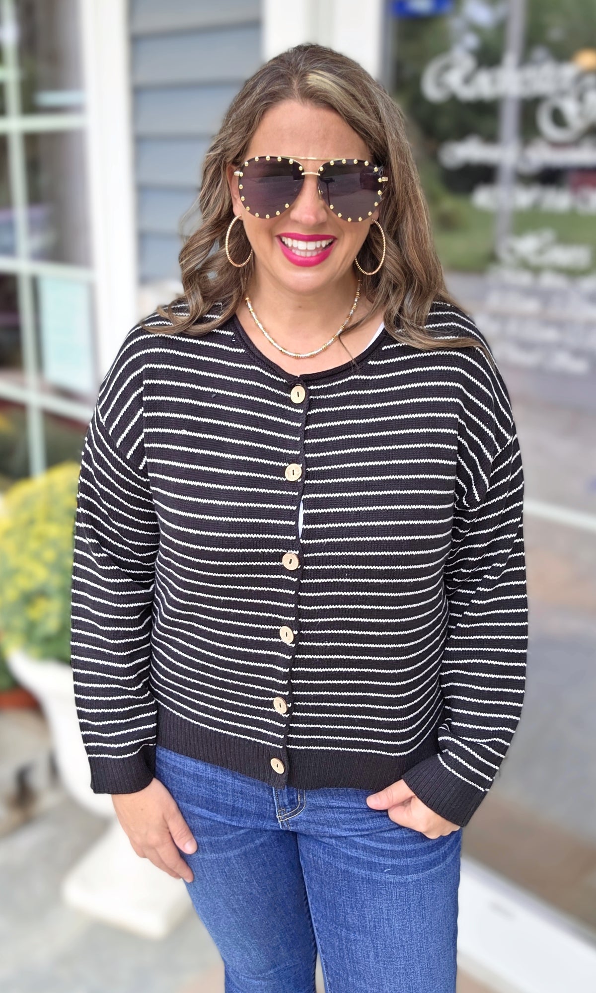 BLACK/WHITE PIN STRIPED BUTTON CARDIGAN/SWEATER