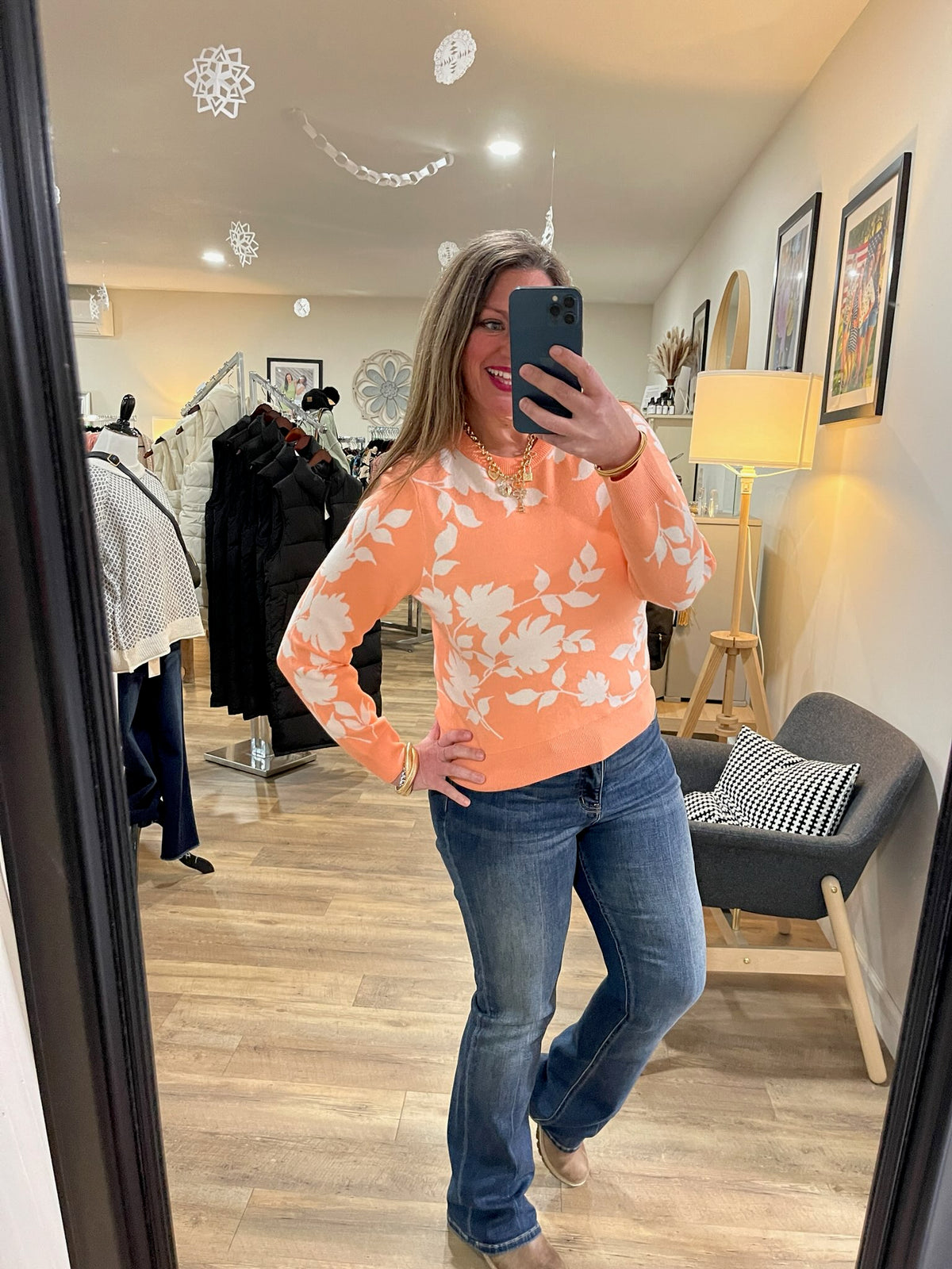 HOT CORAL FLORAL CREW NECK PULLOVER SWEATER