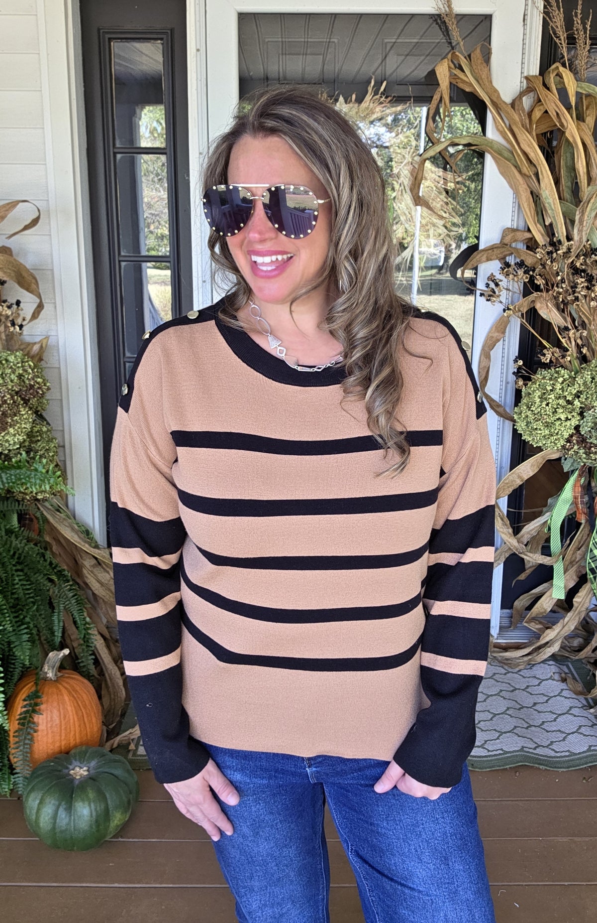 KAREN HART TAN/BLACK STRIPED SWEATER WITH BUTTON ACCENTS