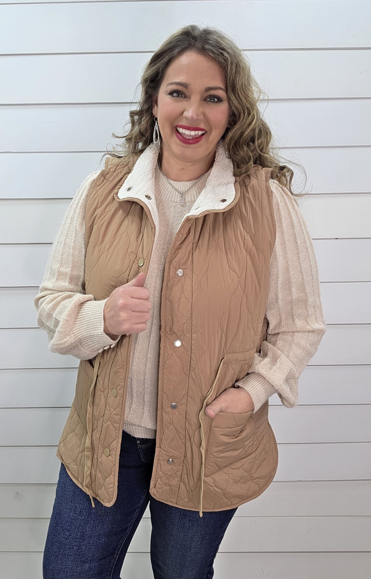 TAUPE FAUX FUR LINED SNAP BUTTON TIE VEST