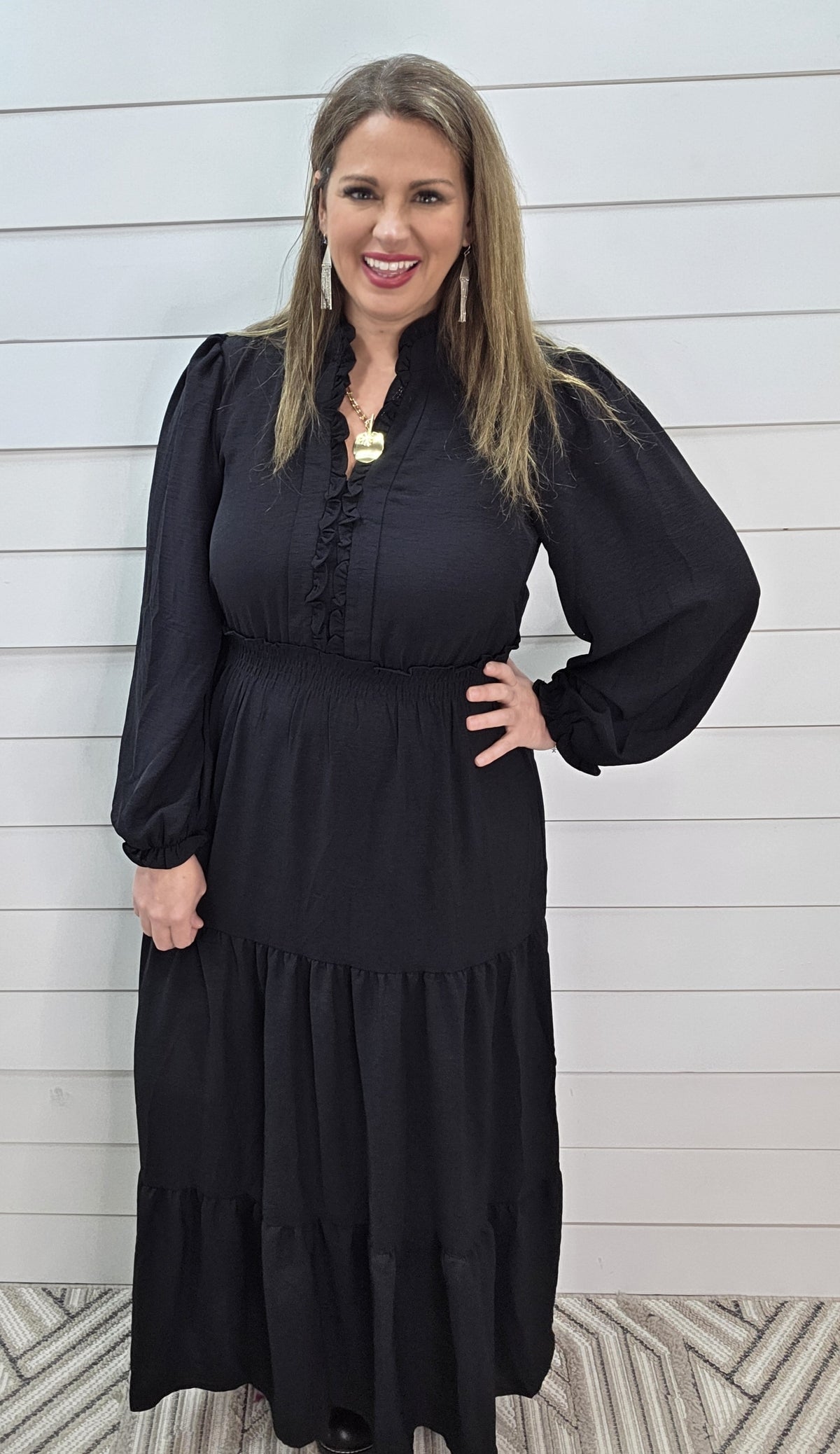 BLACK LONG WOVEN V NECK TIERED DRESS