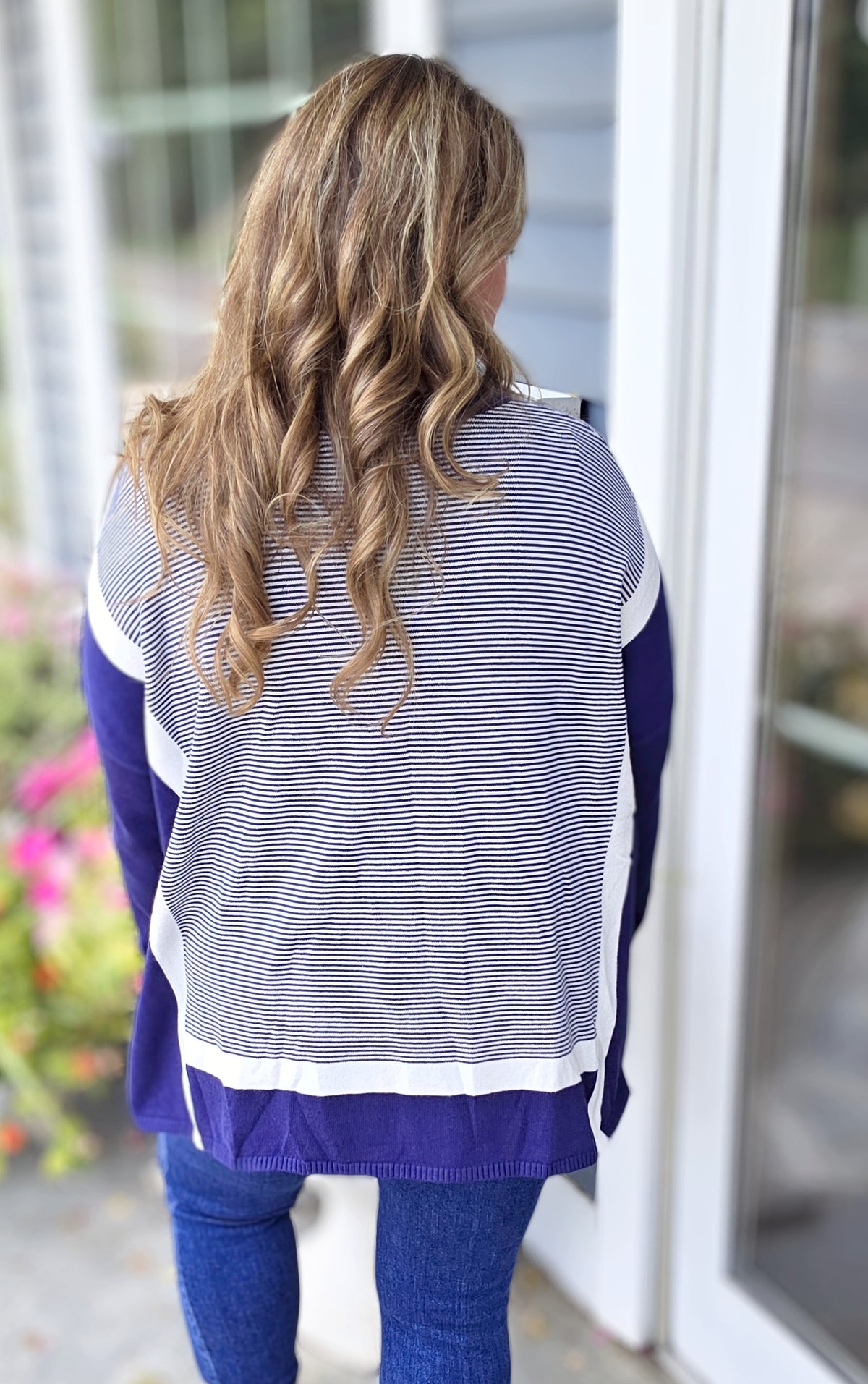 BLUE STRIPED/COLORBLOCK DOLMAN TUNIC SWEATER