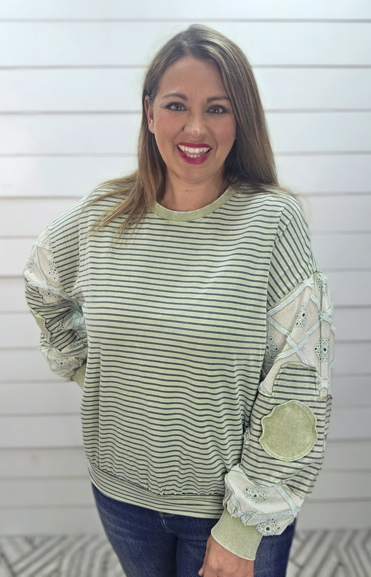 DUSTY SAGE STRIPED KNIT TOP W/ CROCHET AND FLORAL ACCENT SLEEVES