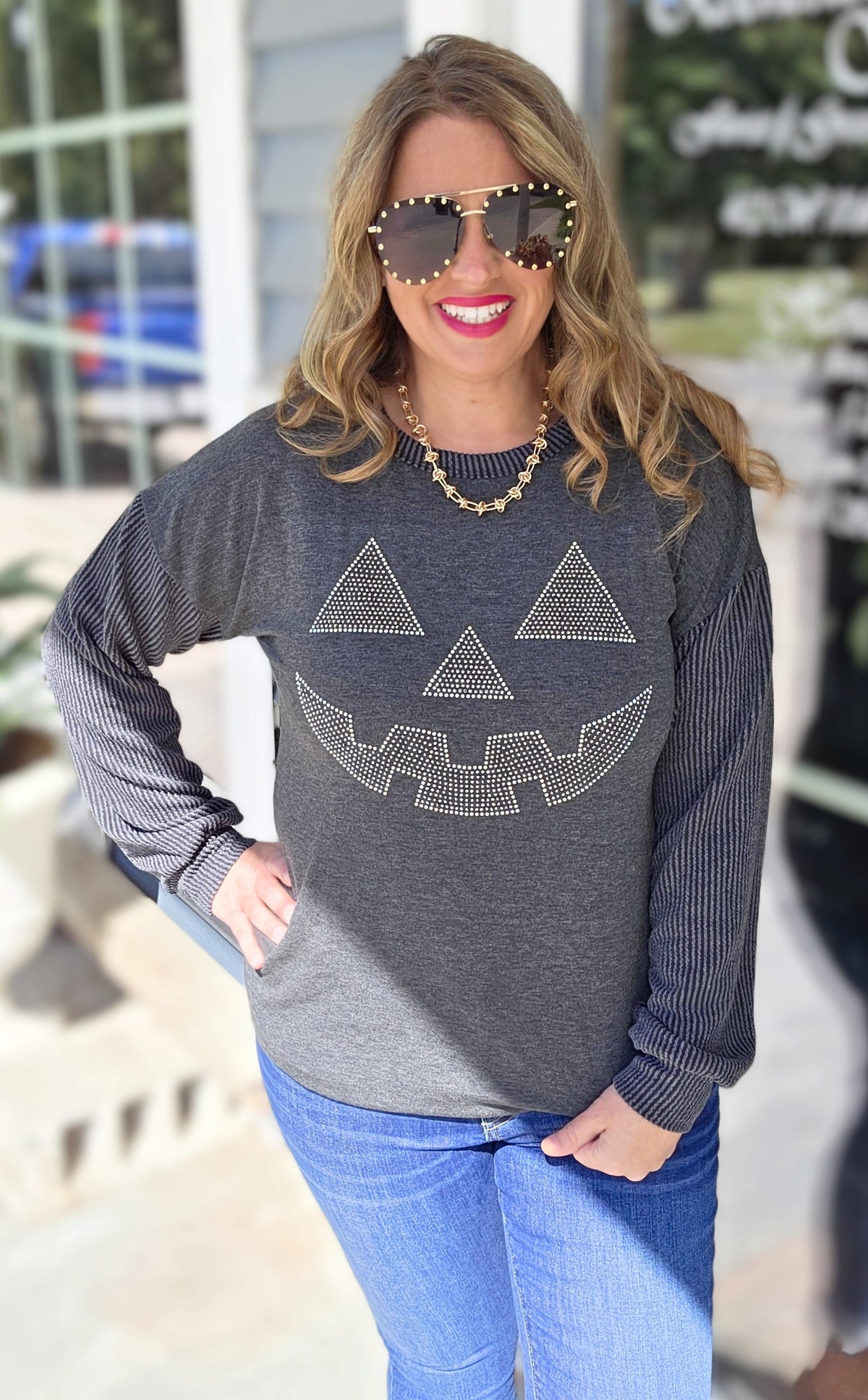 CHARCOAL CONTRAST KNIT TOP WITH RHINESTONE JACK O LANTERN FACE