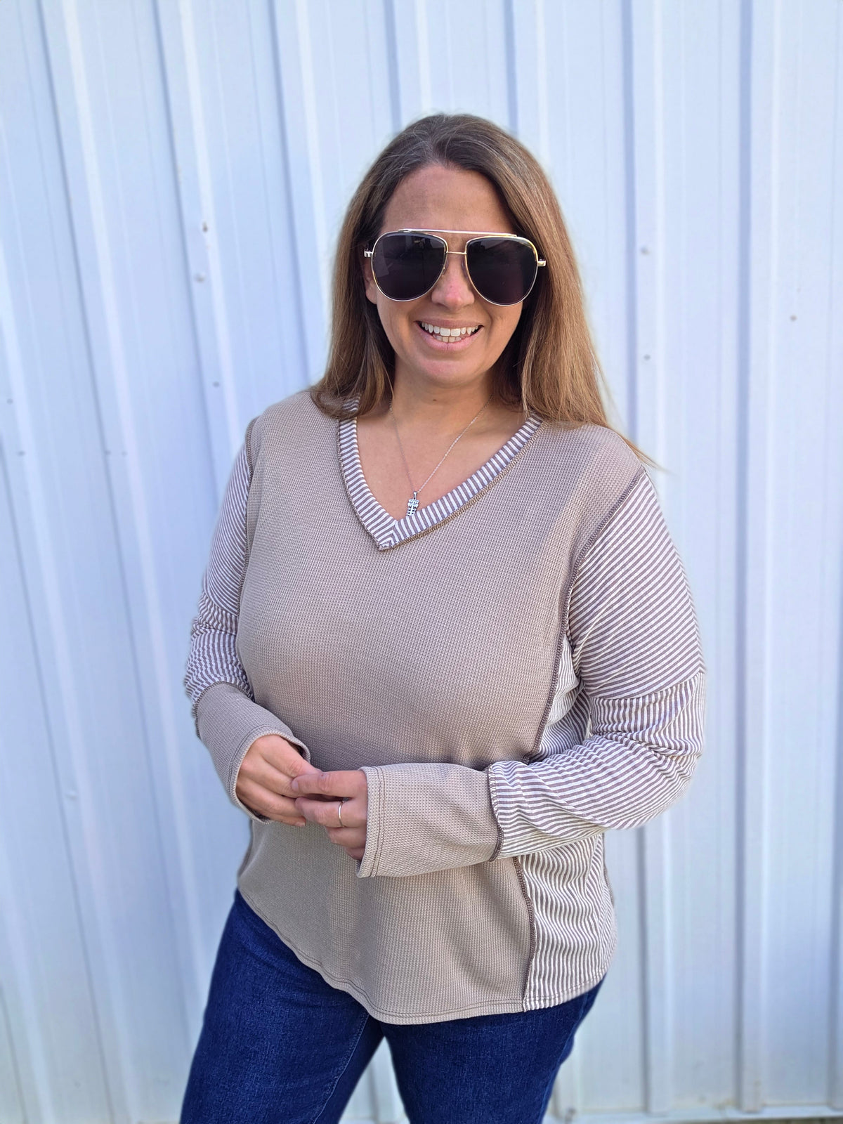 Taupe Waffle Contrast V Neck Knit Top