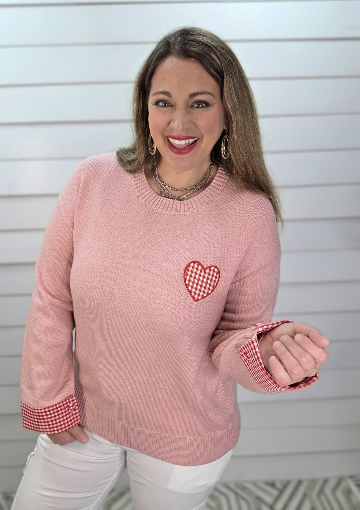 LIGHT PINK GINGHAM HEART KNIT SWEATER