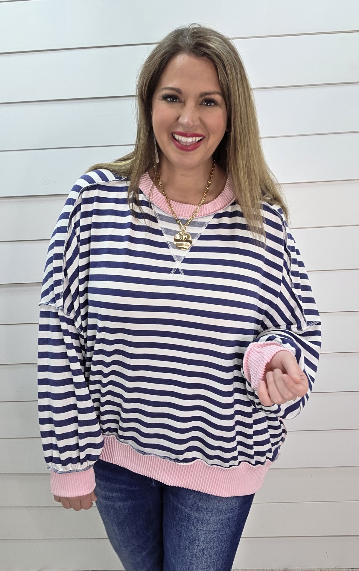 NAVY STRIPED OVERSIZED TOP W/ PINK RAISED RIBBED TRIM