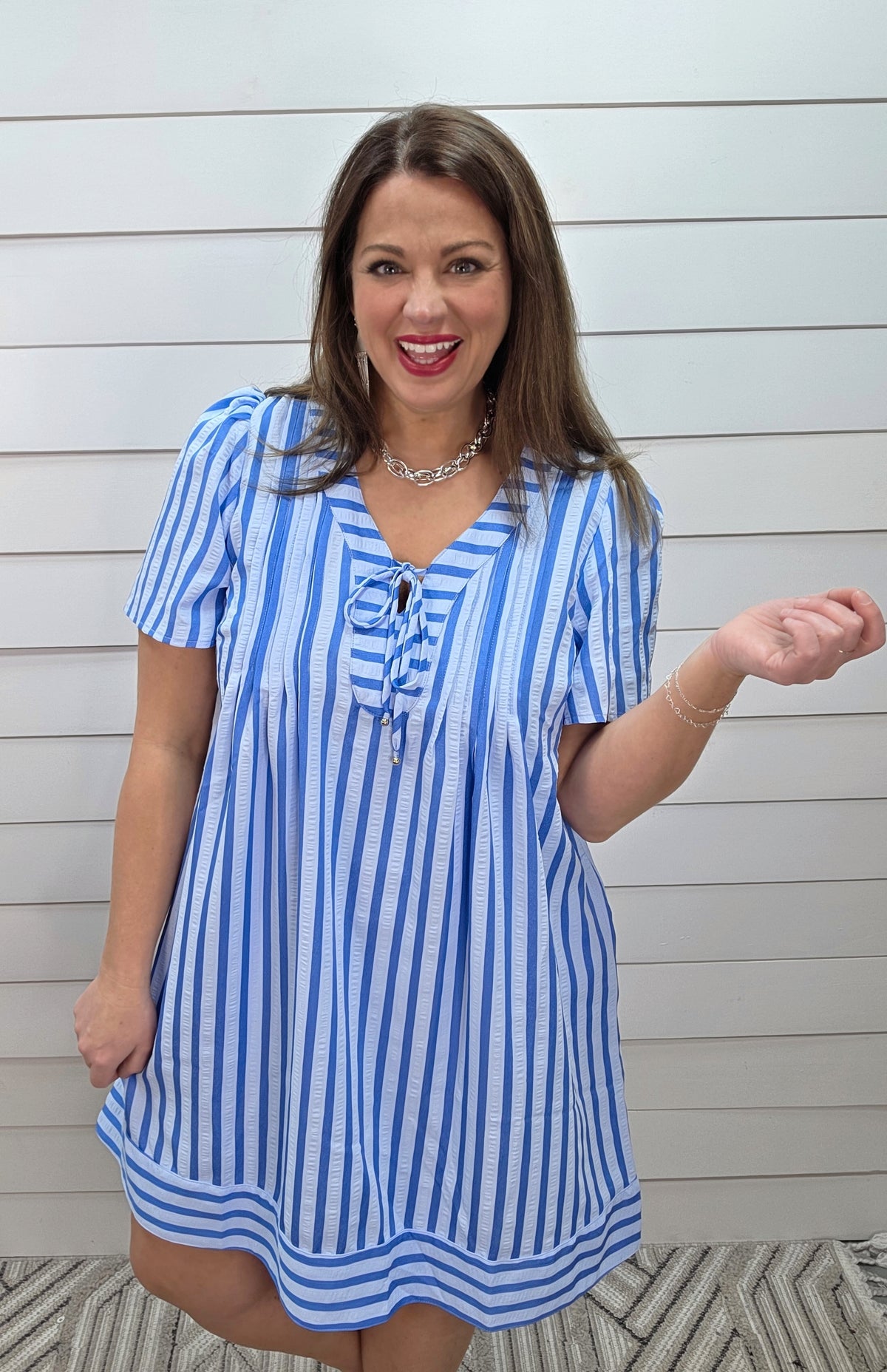 BLUE VERTICAL STRIPED PEASANT TIE DRESS W/ POCKETS