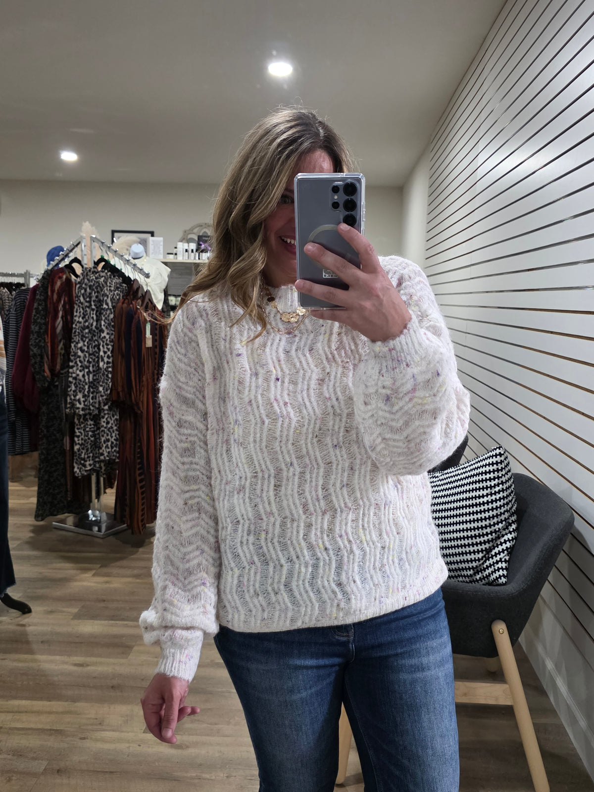 CREAM LOOSE WEAVE KNIT MULTI COLOR THRED SWEATER