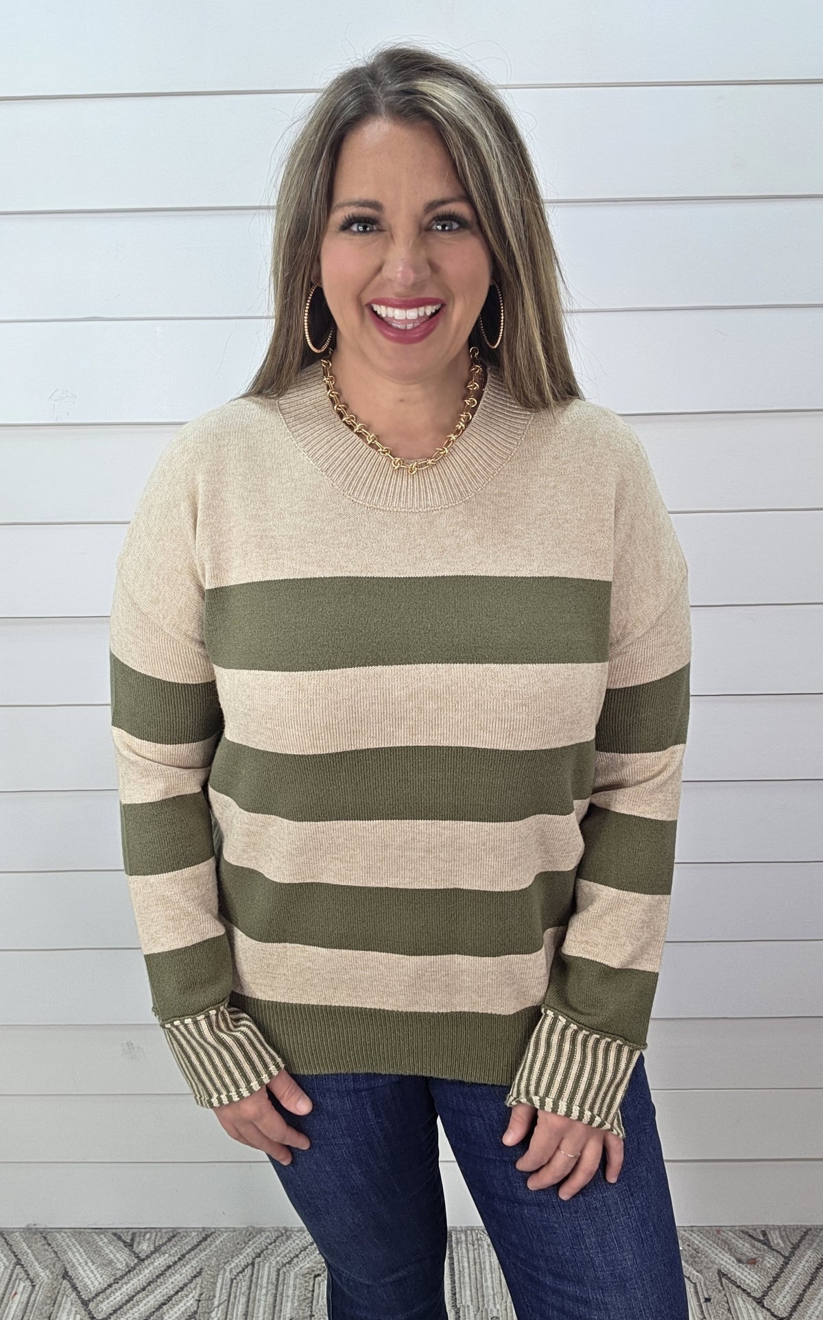 OLIVE/OATMEAL STRIPED CONTRAST KNIT SWEATER