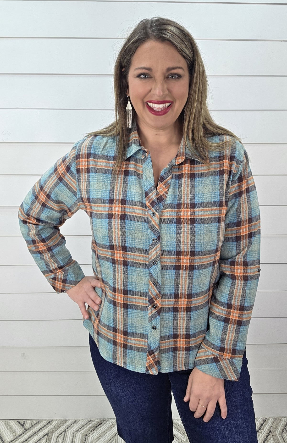 KAREN HART TEAL HIGH LOW FLANNEL PLAID BUTTON DOWN