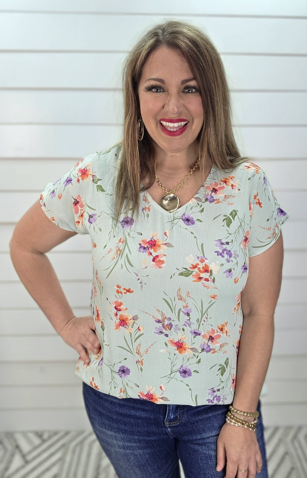 MINT FLORAL V NECK WOVEN TOP