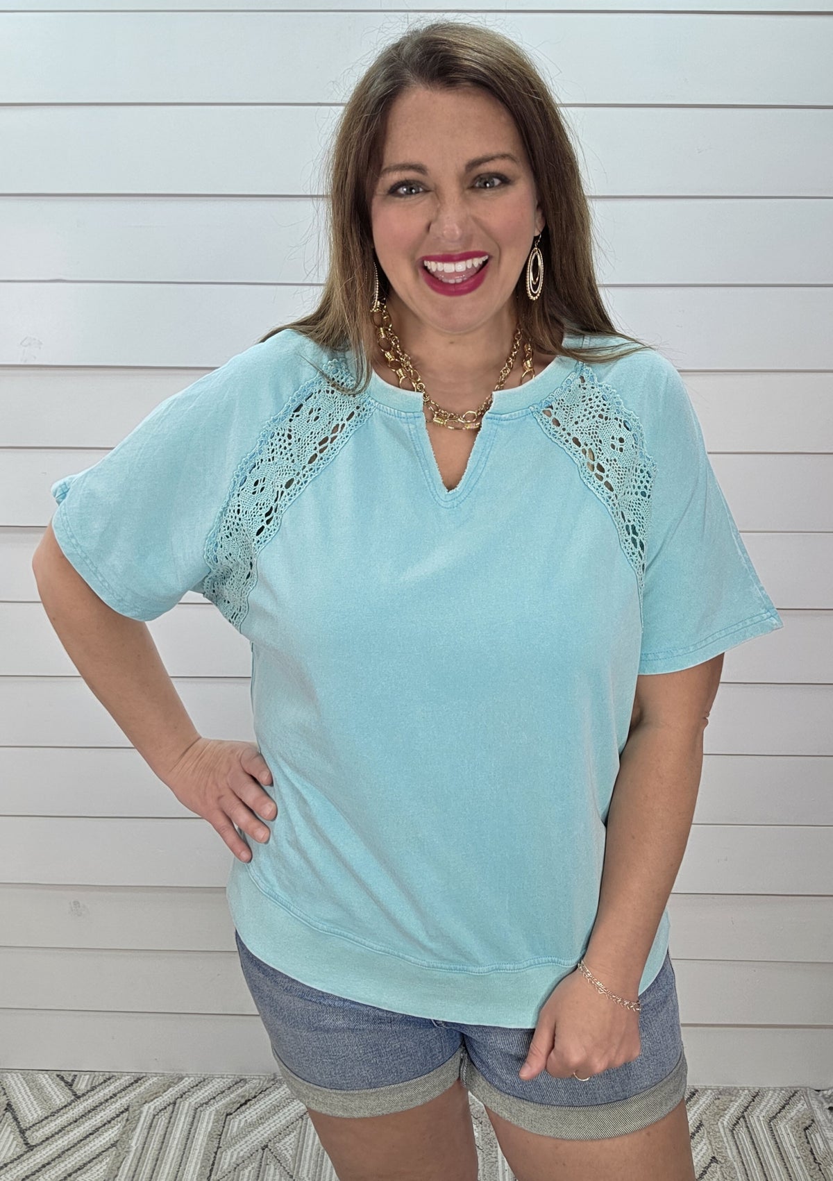 MINT MINERAL WASH LACE TRIM KNIT TOP