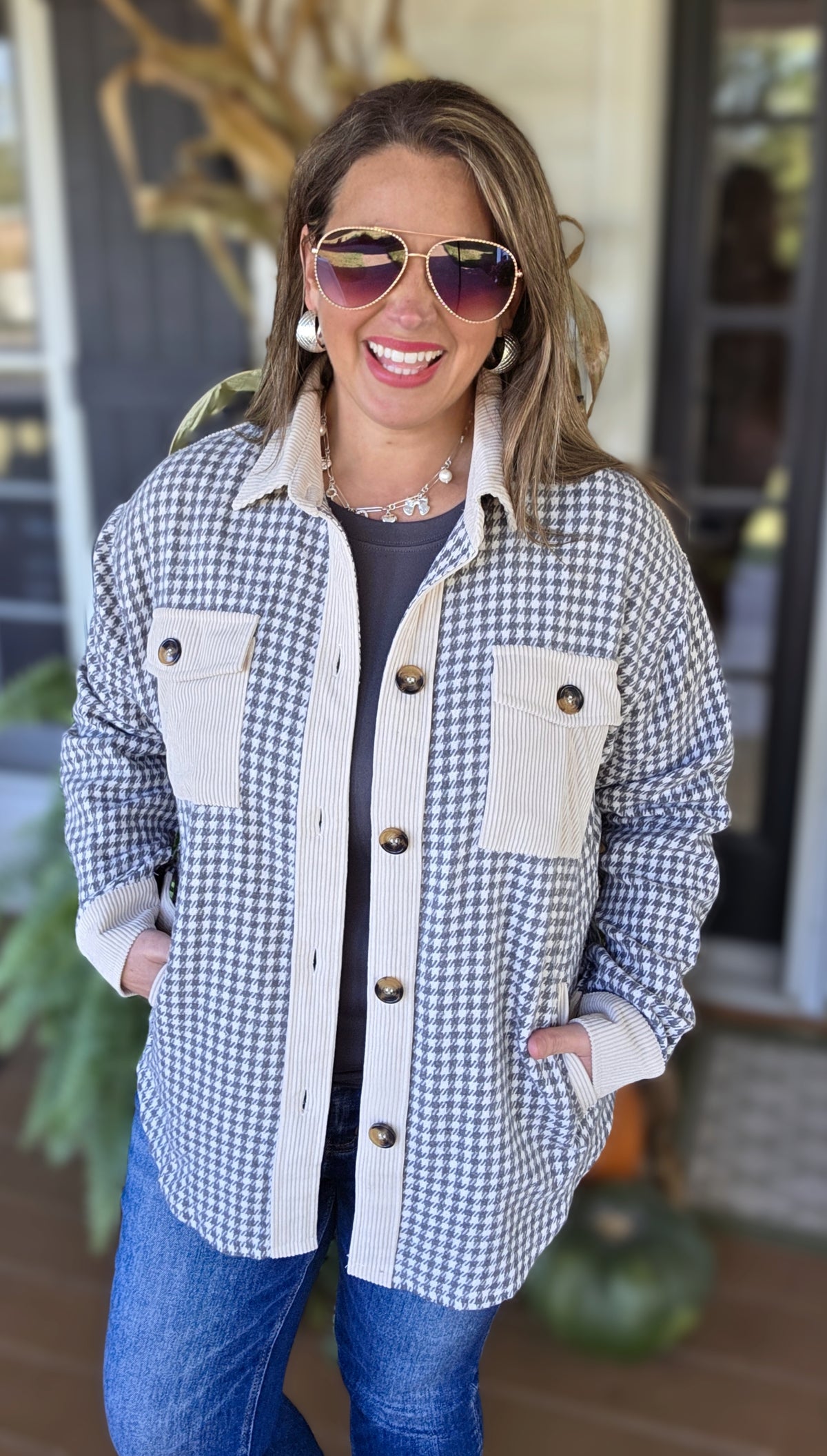 GREY MINI CHECK/CORD CONTRAST SHACKET WITH SIDE POCKETS
