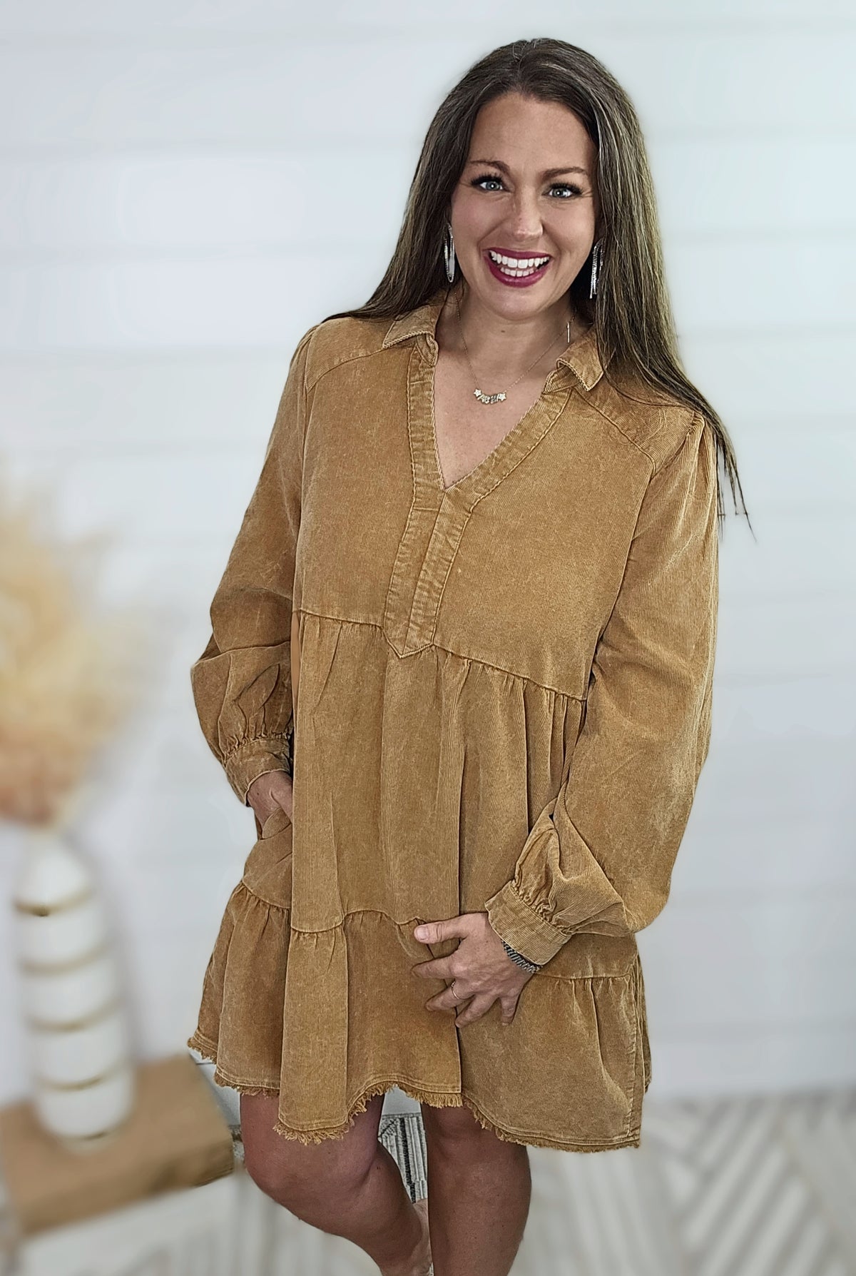 CAMEL CORDED TIERED DRESS