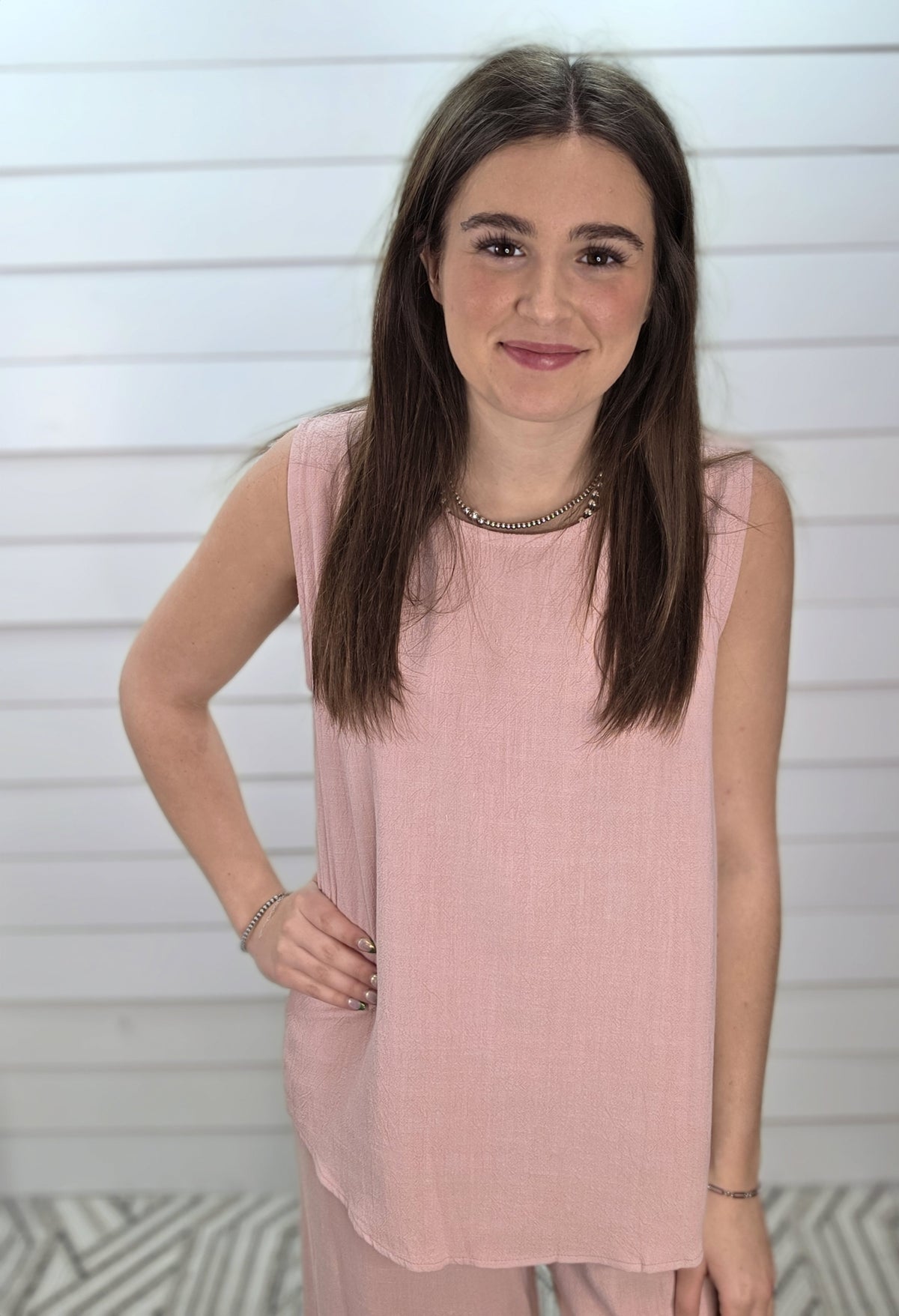 PINK LINEN BLEND PANT AND SLEEVELESS TOP SET