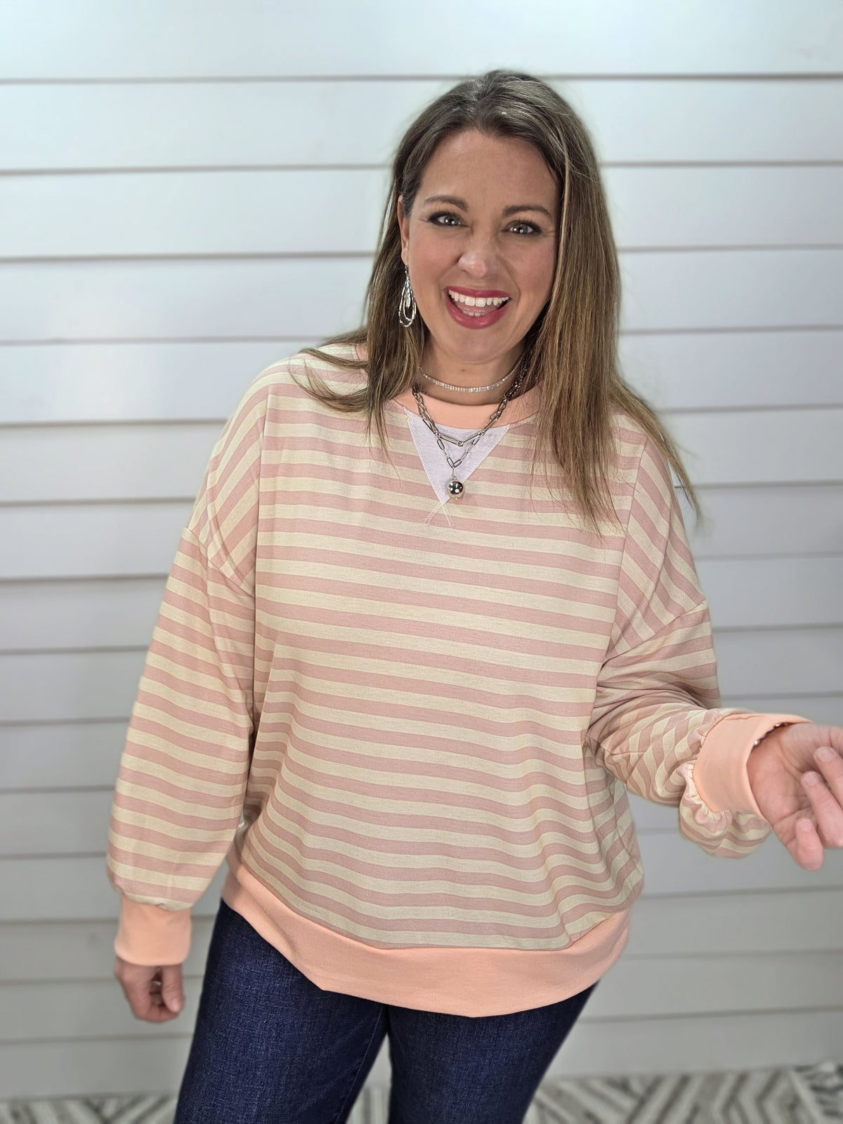 PINK/PEACH/OATMEAL STRIPED LOOSE FIT LONG SLEEVE KNIT TOP