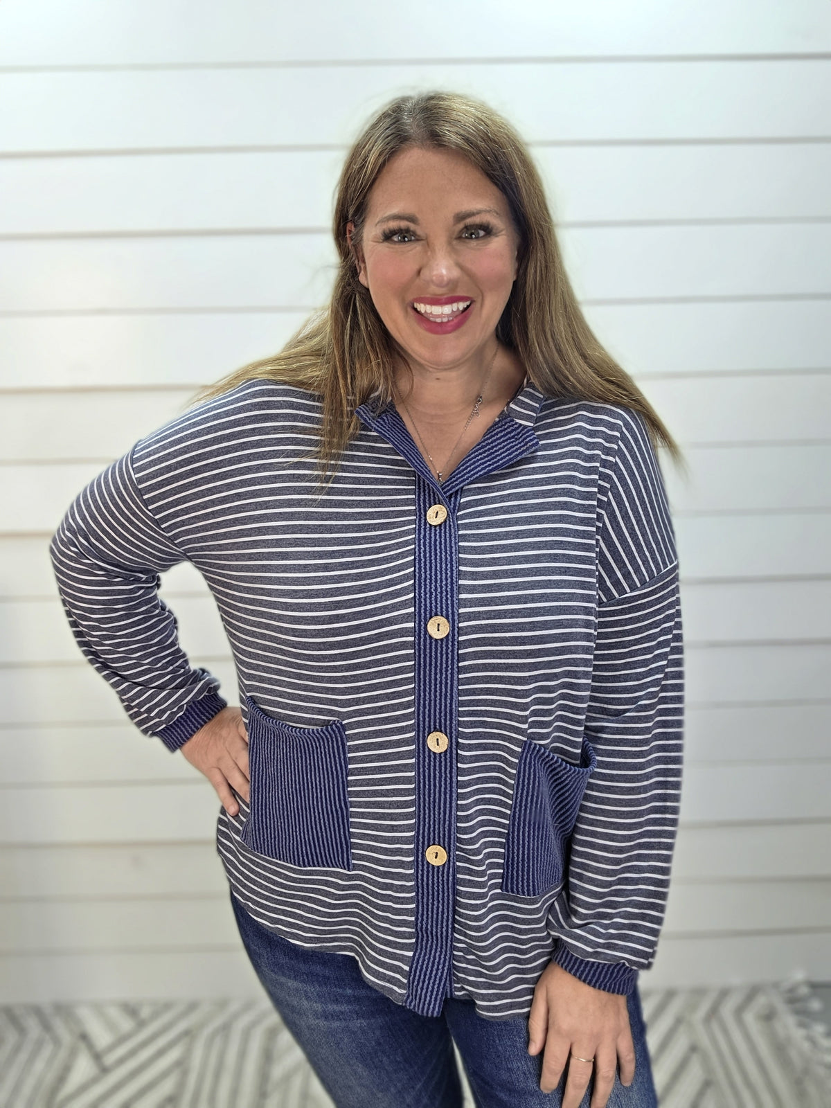 NAVY STRIPED LOOSE FIT BUTTON UP HOODED KNIT TOP
