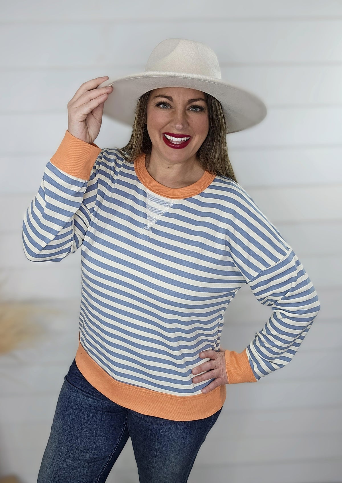 DUSY BLUE/CORAL STRIPED FRENCH TERRY KNIT TOP