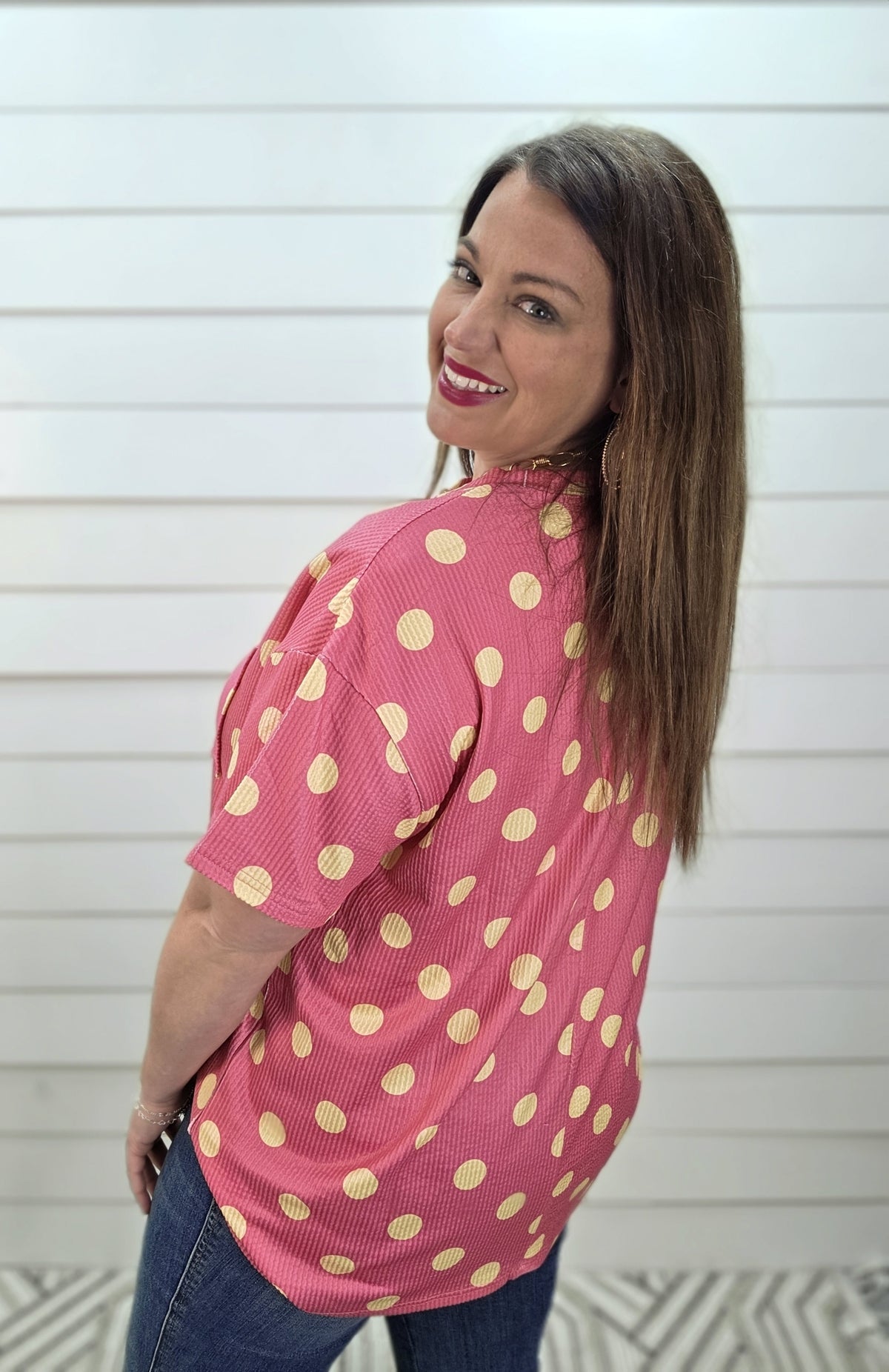PINK/YELLOW RAISED RIBBED POLKADOT TOP W/ POCKET DETAIL