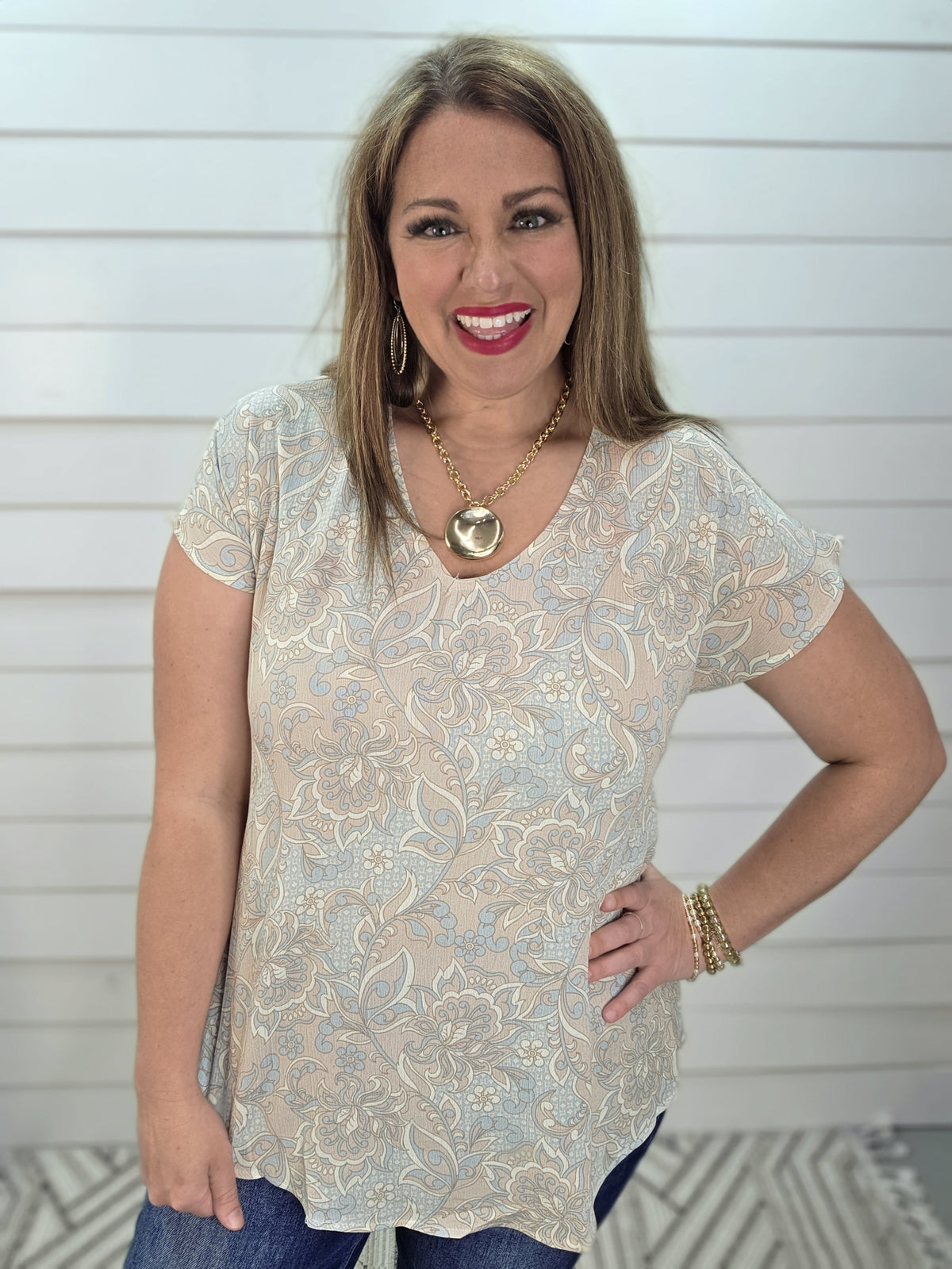 TAUPE/LIGHT BLUE FLORAL V NECK WOVEN TOP