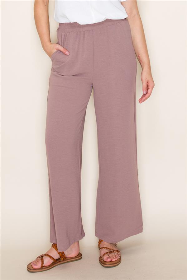 MOCHA ELASTIC WAIST WIDE LEG PANTS