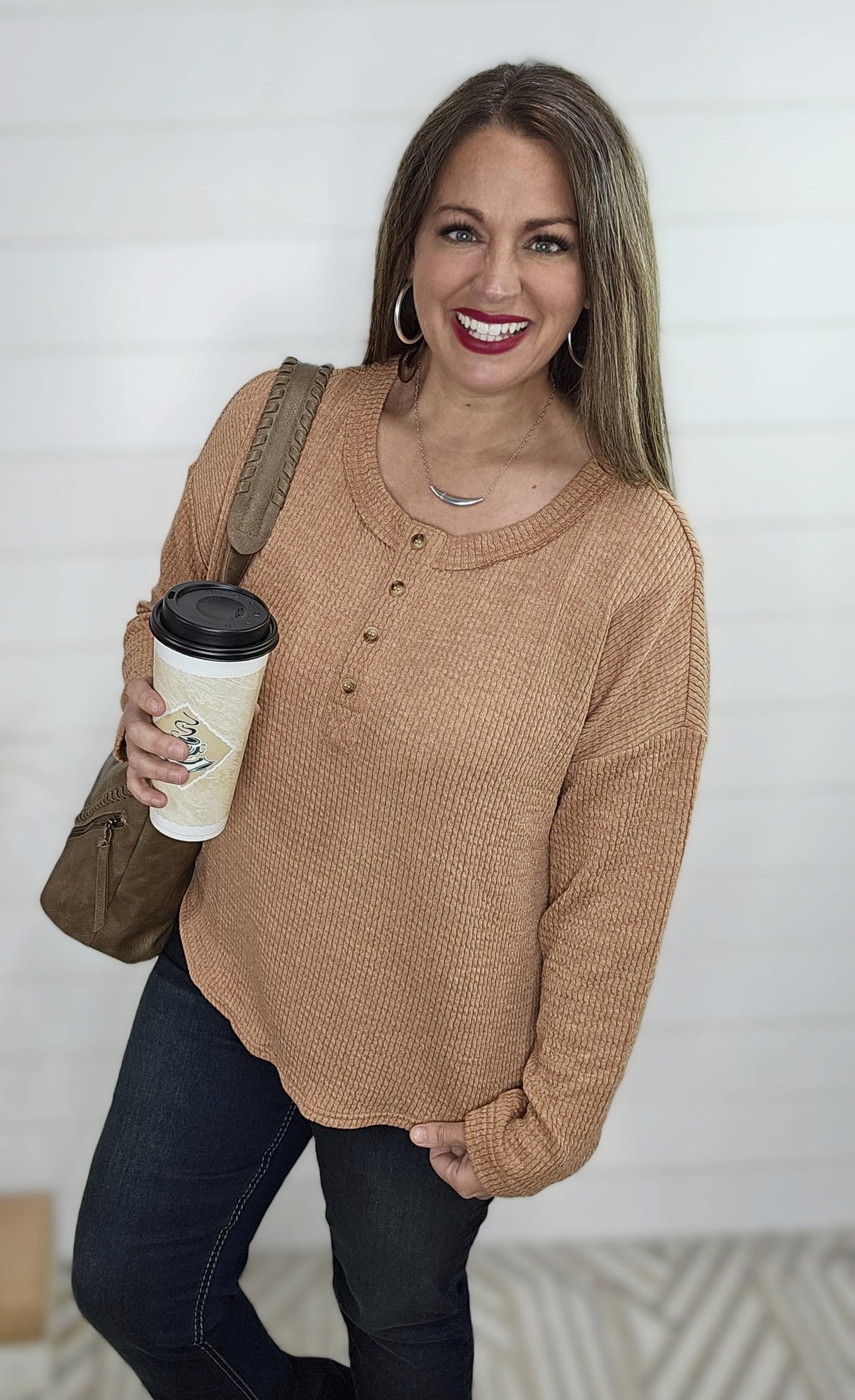 TERRA COTTA TEXTURED HENLEY LONG SLEEVE TOP