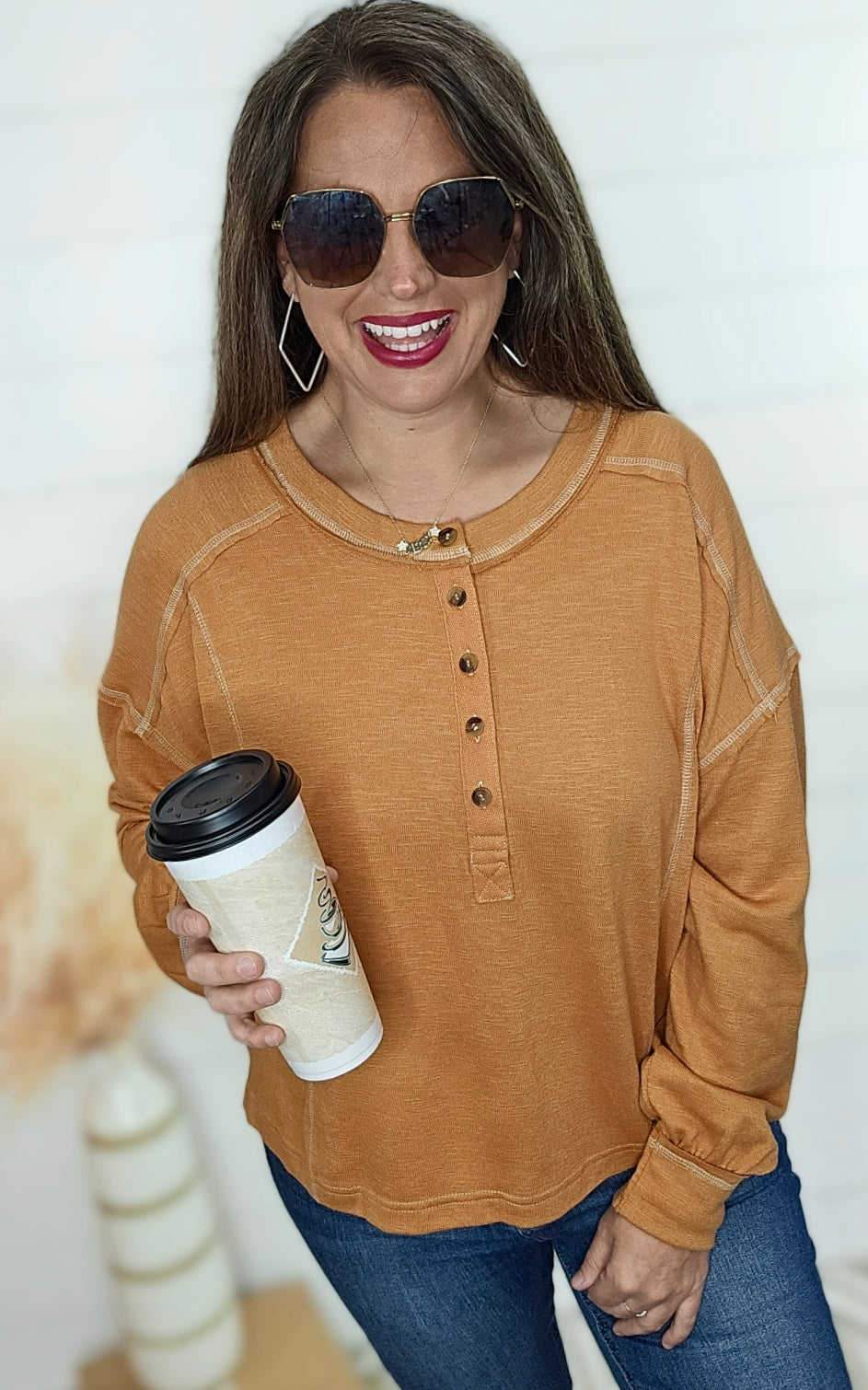 RUST HENLEY CONTRAST STITCH TOP