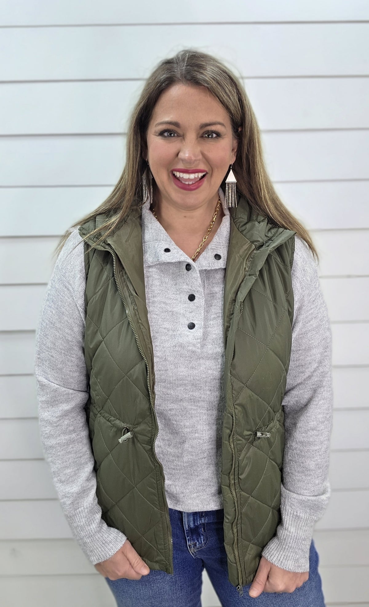 KAREN HART OLIVE QUILTED CINCH ZIPPER VEST